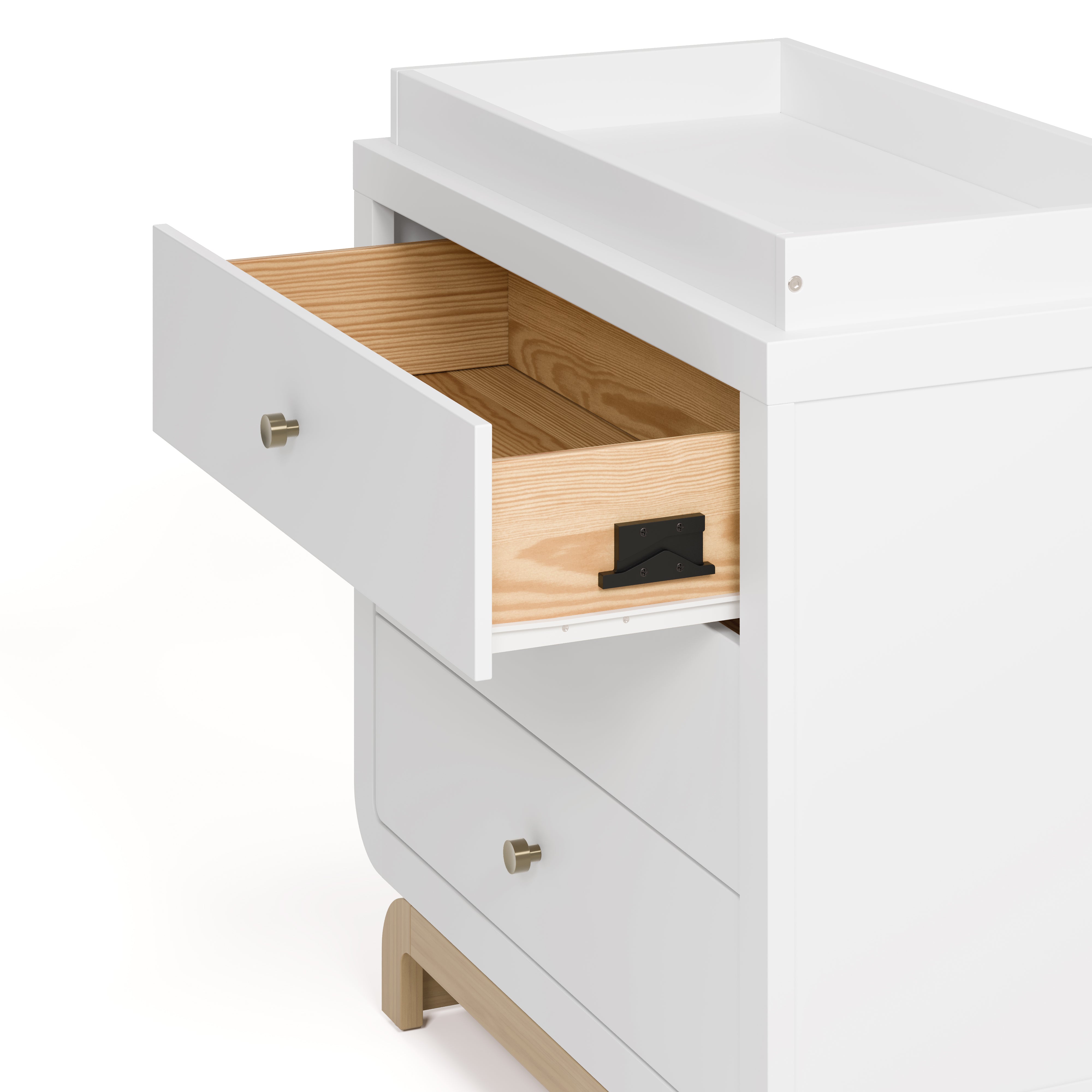 Storkcraft® Santorini® 3 Drawer Chest with Removable Changing Topper angle view with top drawer open