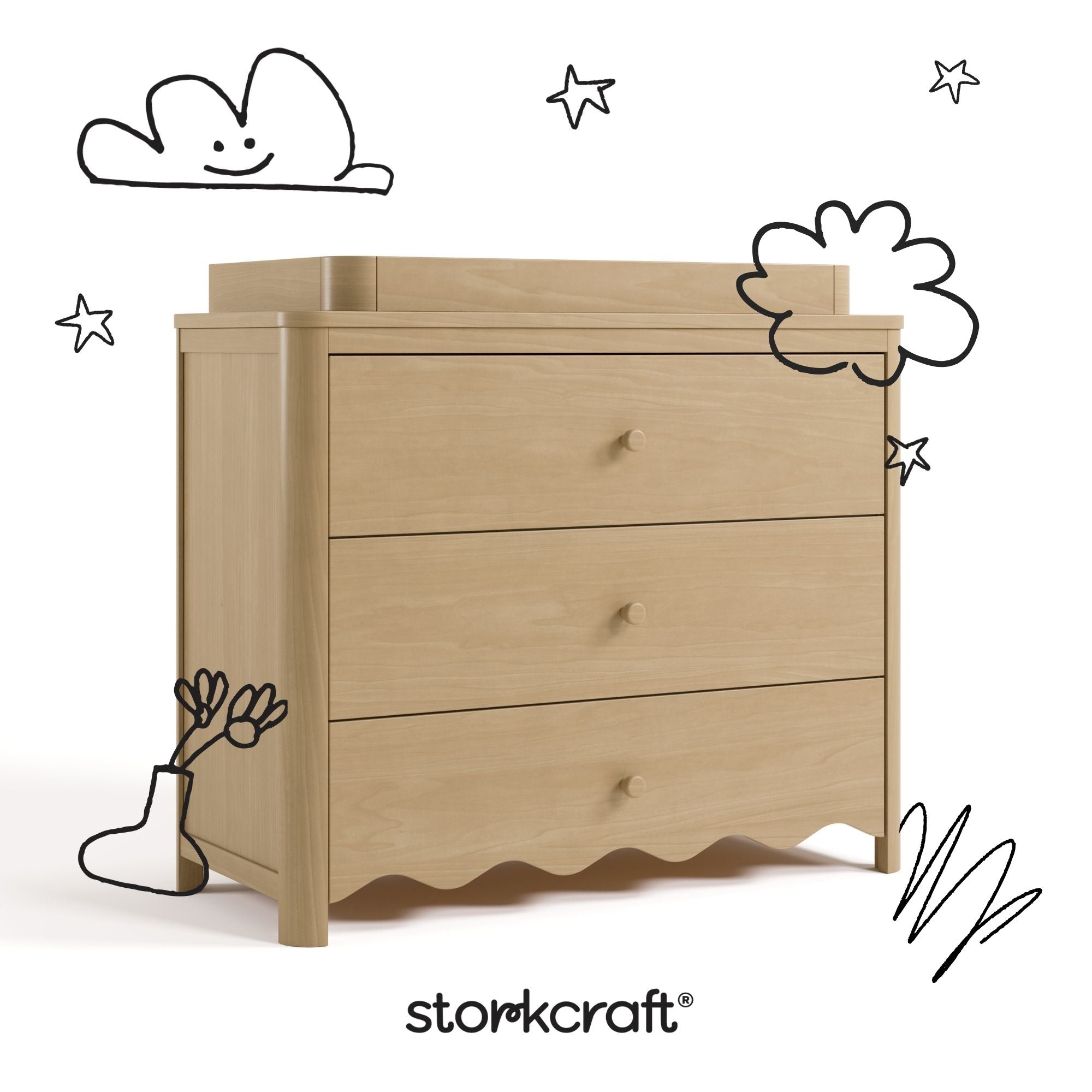 Casablanca driftwood 3 drawer chest with changing topper with black doodles overlaid on image