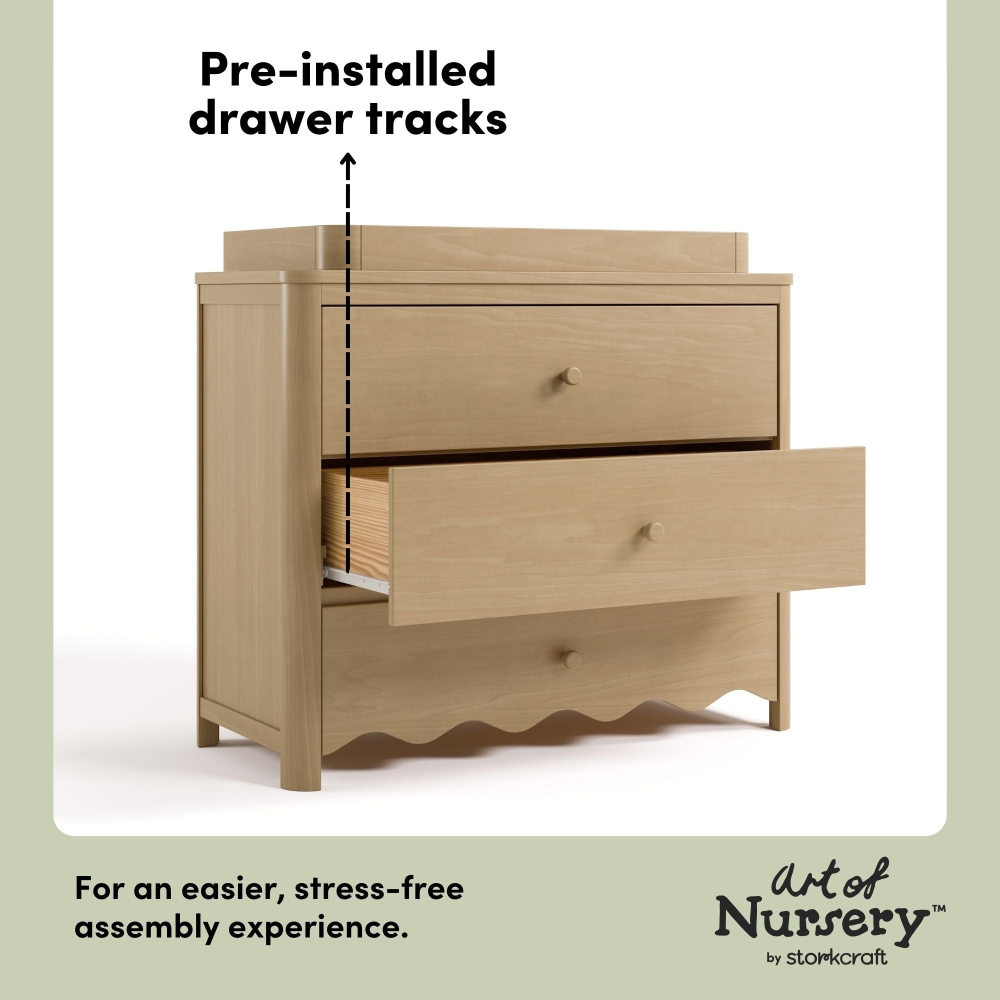 Casablanca driftwood 3 drawer chest with changing topper pre-installed drawer tracks callout