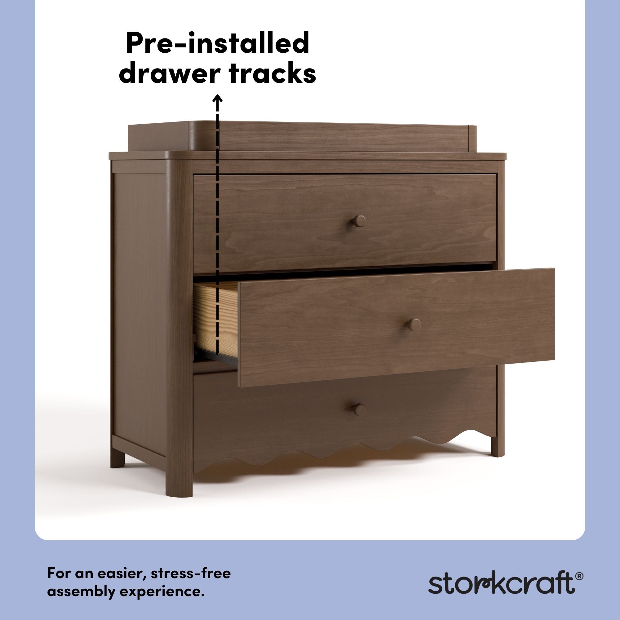 Casablanca hazelnut 3 drawer chest with changing topper pre-installed drawer tracks callout