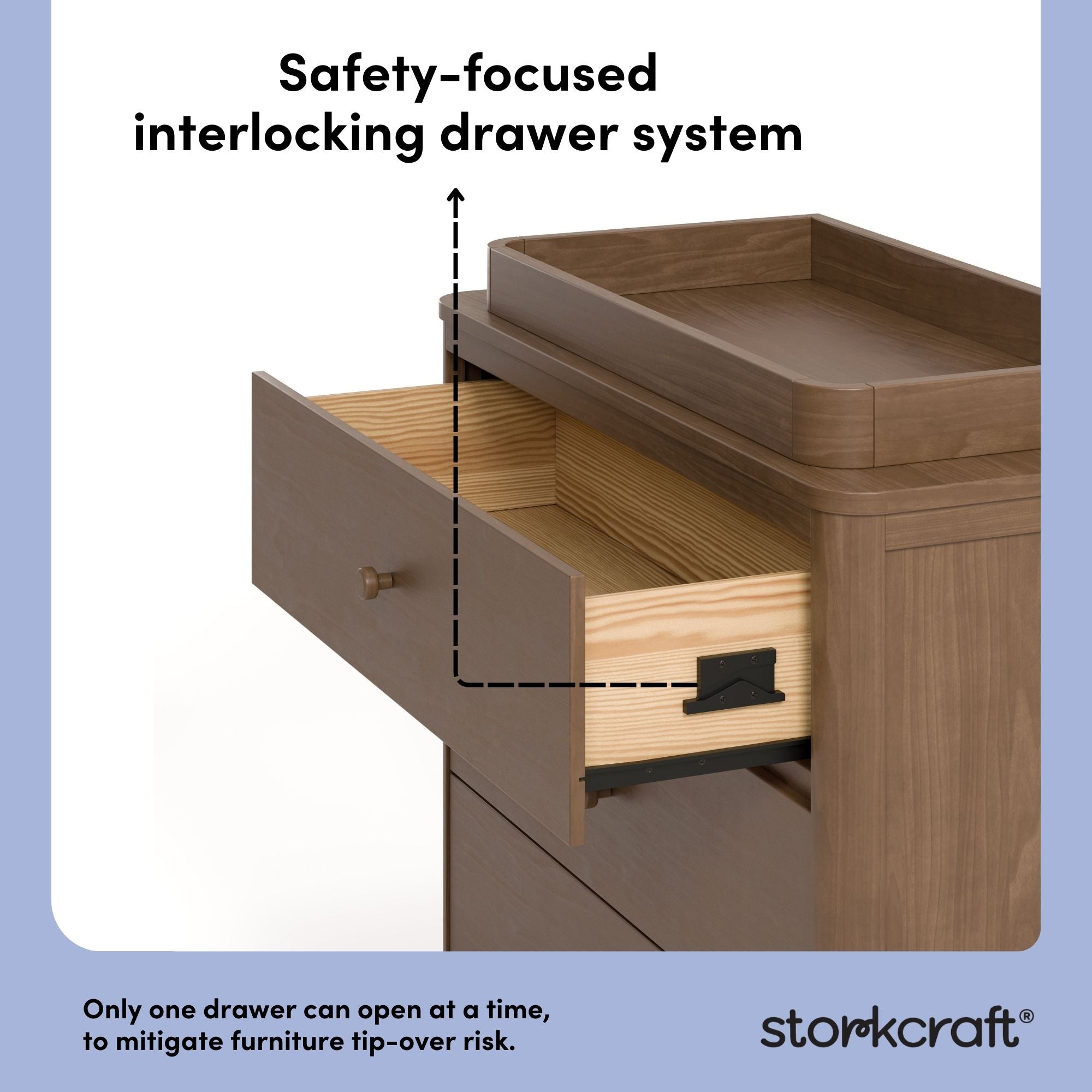 Casablanca hazelnut 3 drawer chest with changing topper interlocking drawers callout\