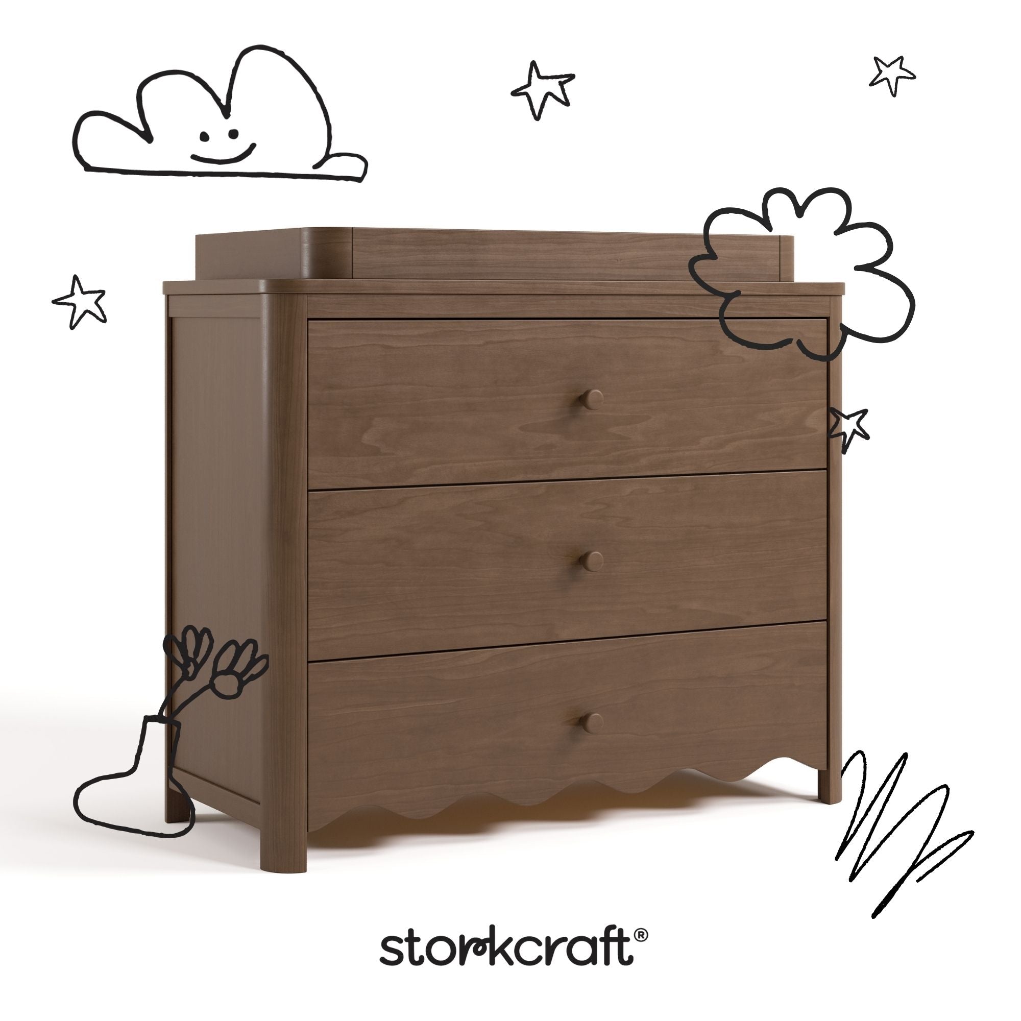 Casablanca hazelnut 3 drawer chest with changing topper with black doodles overlaid on image