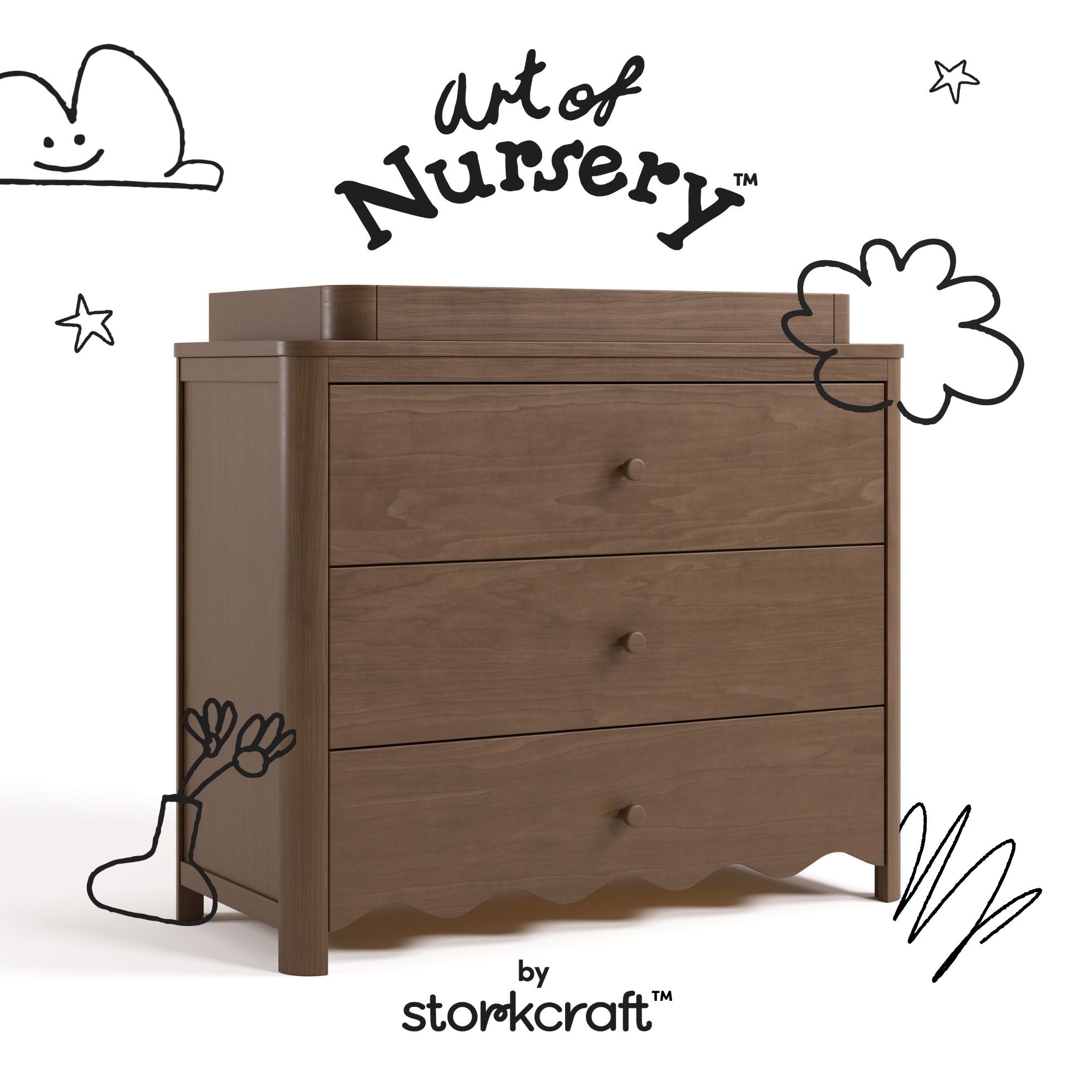Casablanca hazelnut 3 drawer chest with changing topper with black doodles overlaid on image