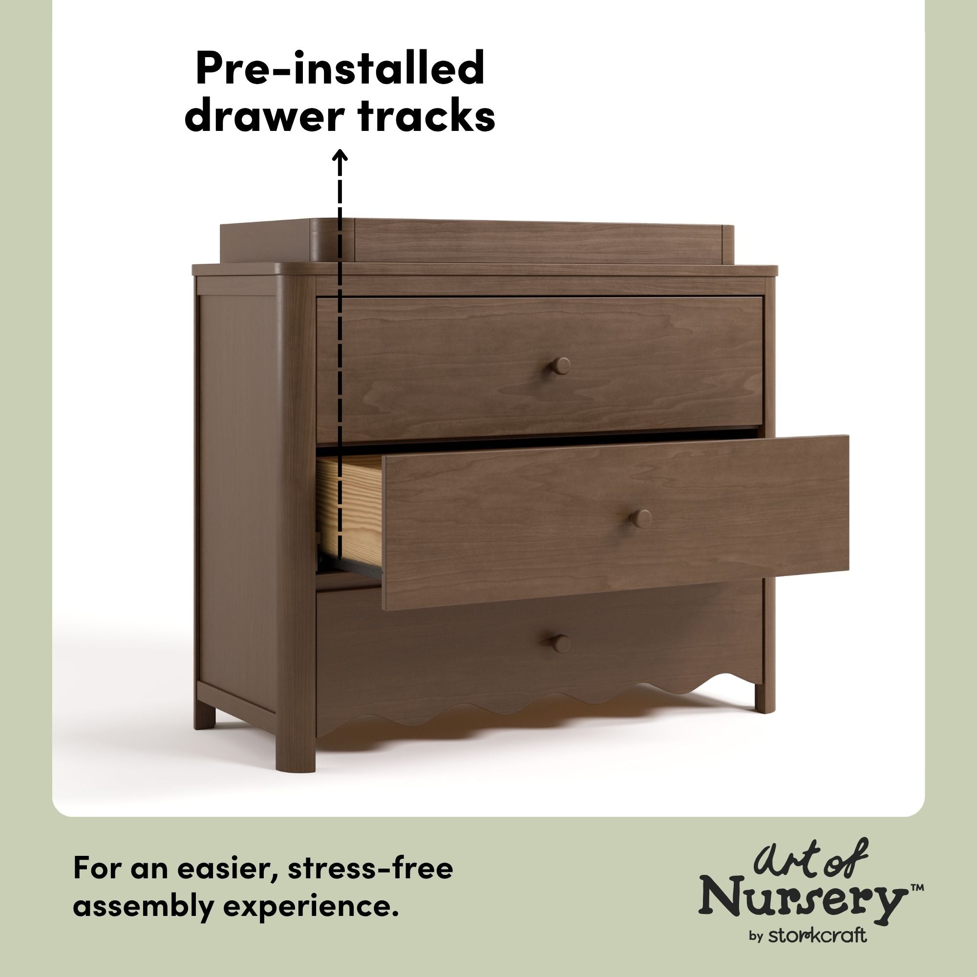 Casablanca hazelnut 3 drawer chest with changing topper pre-installed drawer tracks callout
