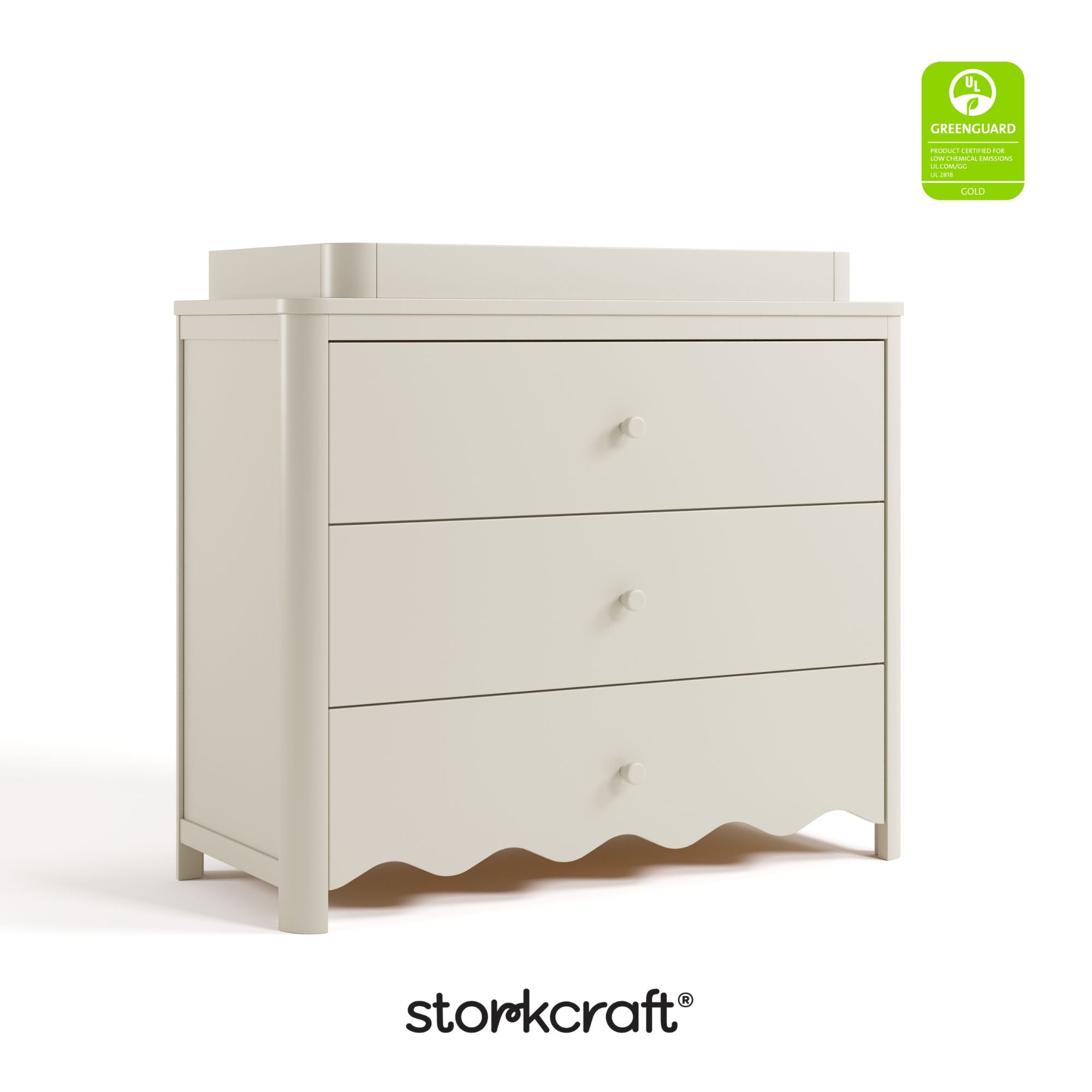 Casablanca frosted oat 3 drawer chest with changing topper with GGG logo on top right