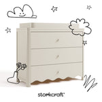 Casablanca frosted oat 3 drawer chest with changing topper with black doodles overlaid on image