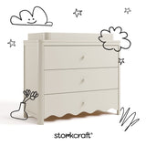 Casablanca frosted oat 3 drawer chest with changing topper with black doodles overlaid on image