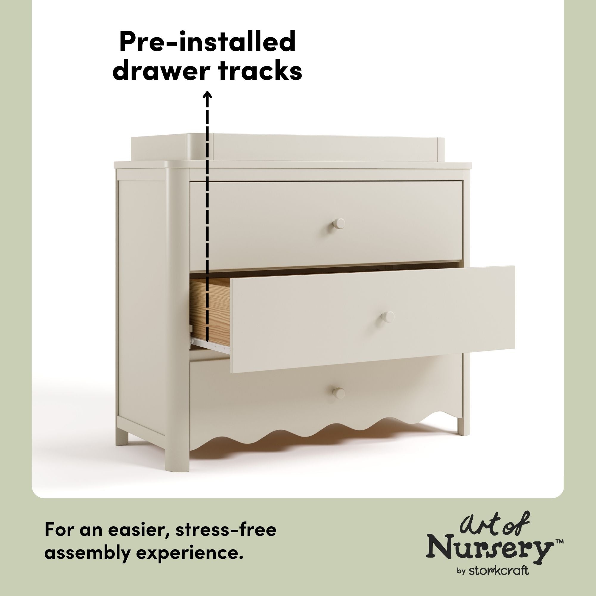 Casablanca frosted oat 3 drawer chest with changing topper pre-installed drawer tracks callout