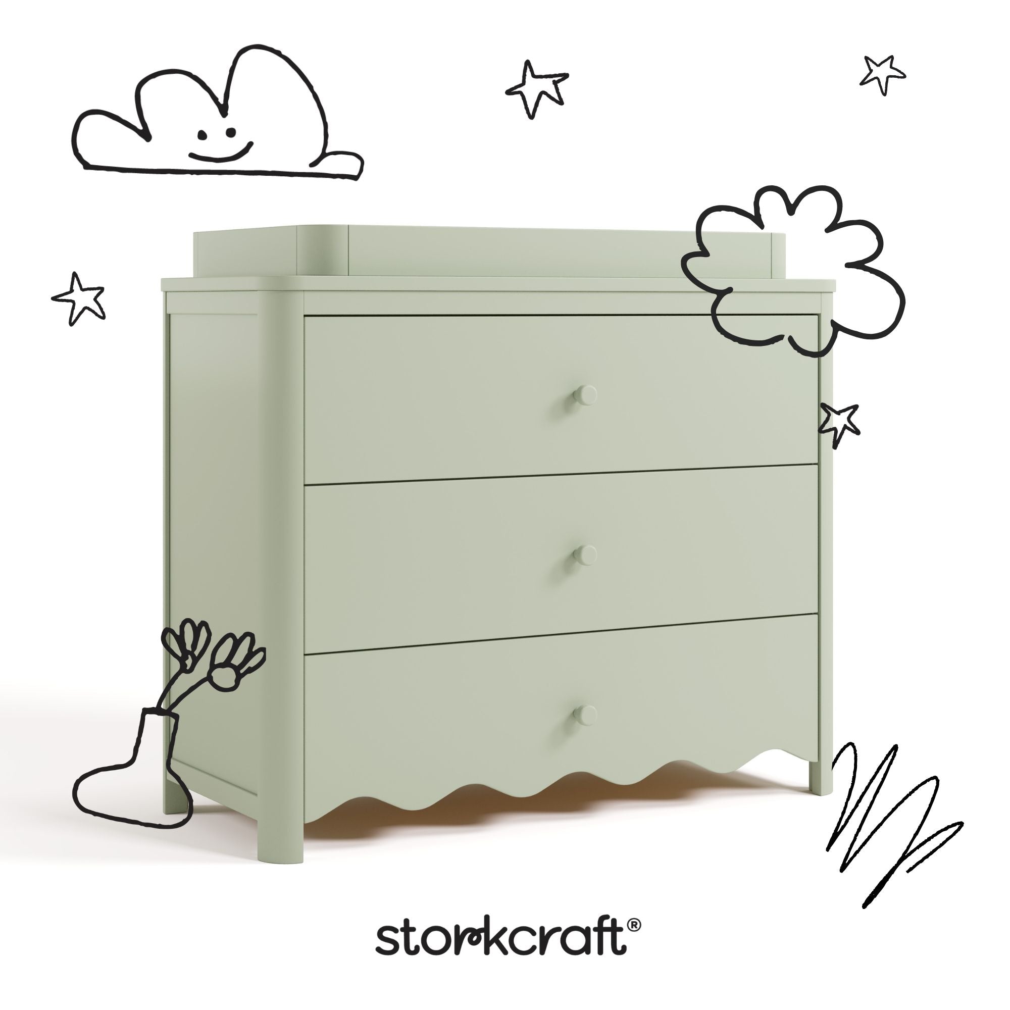 Casablanca sage 3 drawer chest with changing topper with black doodles overlaid on image