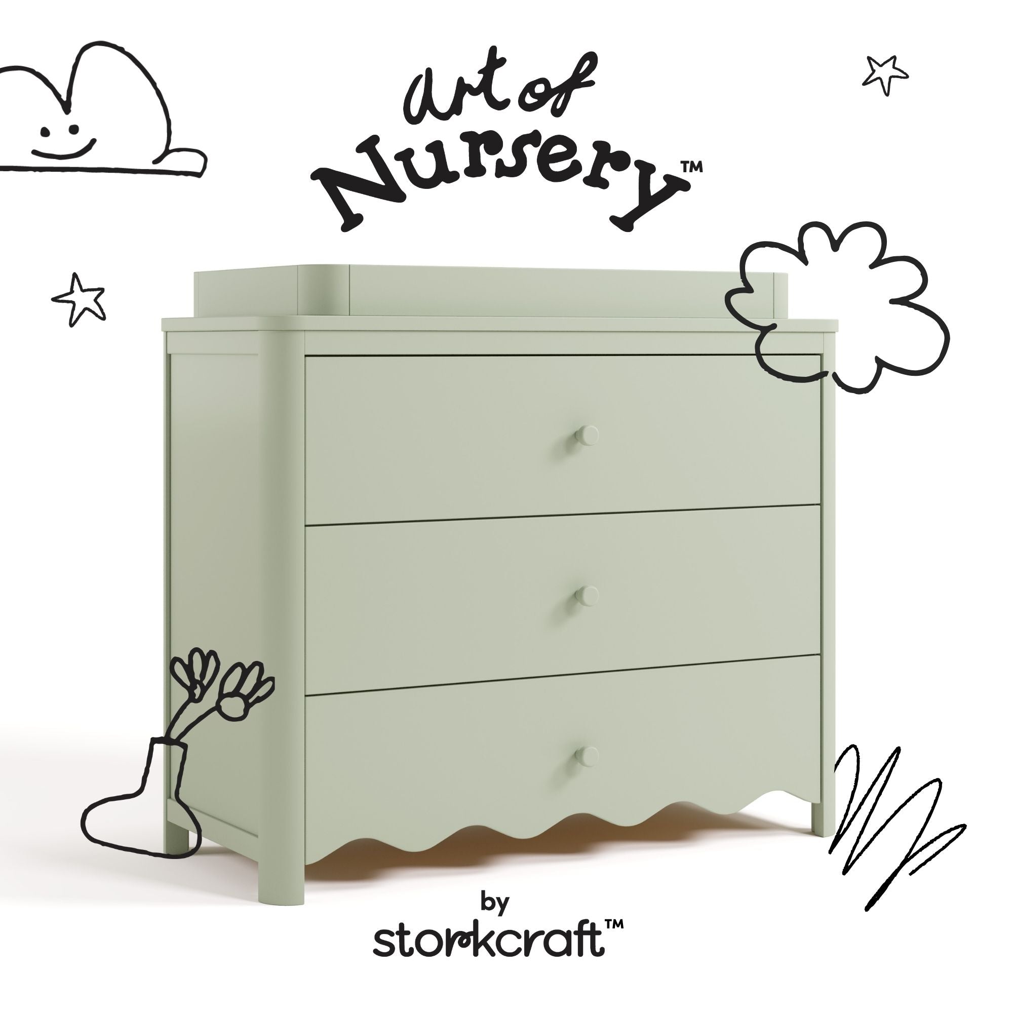 Casablanca sage 3 drawer chest with changing topper with black doodles overlaid on image