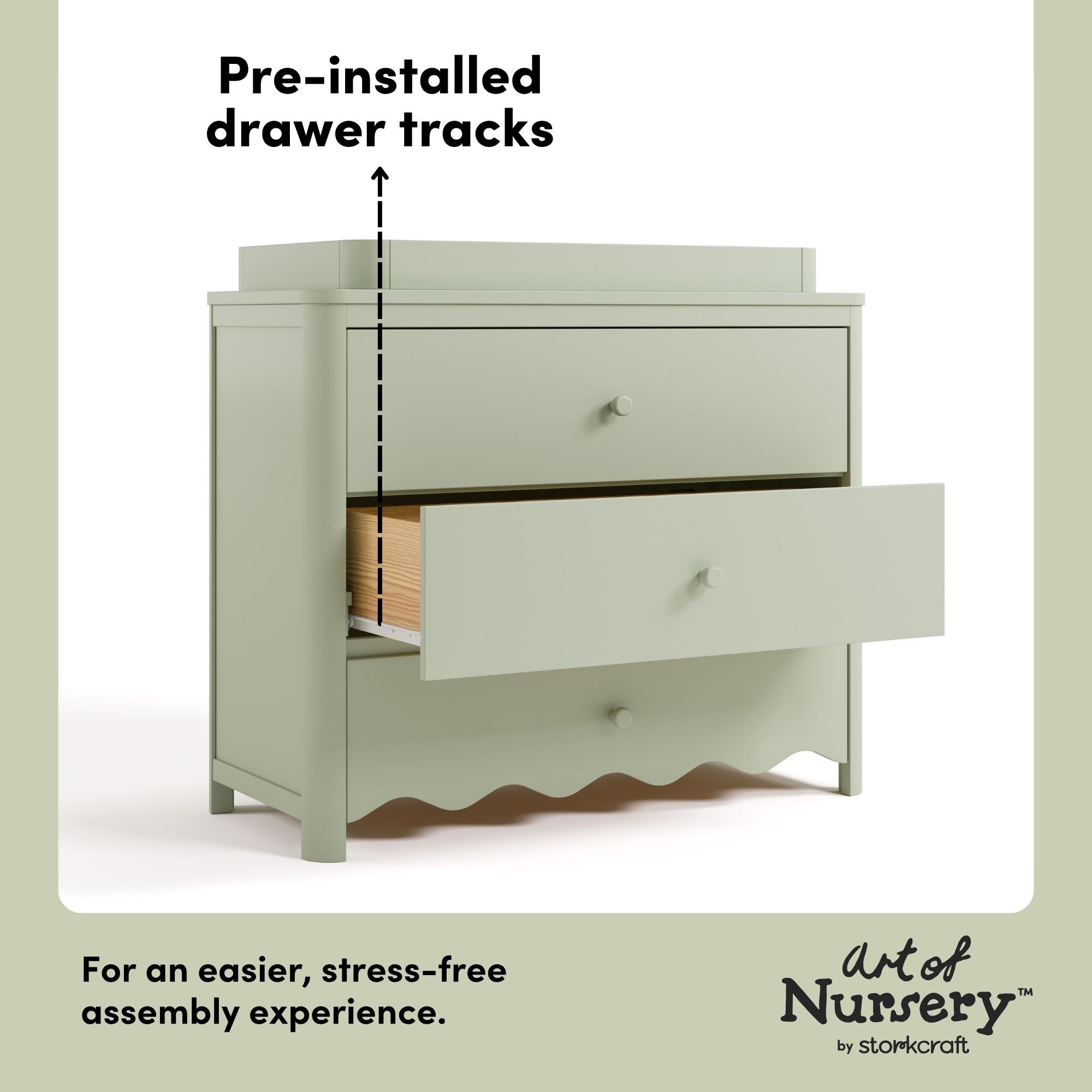 Casablanca sage 3 drawer chest with changing topper pre-installed drawer tracks callout