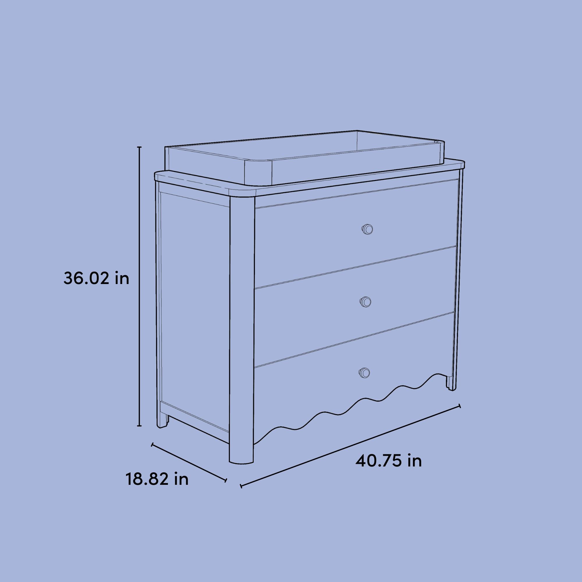 Casablanca 3 drawer chest with changing topper drawing with dimensions