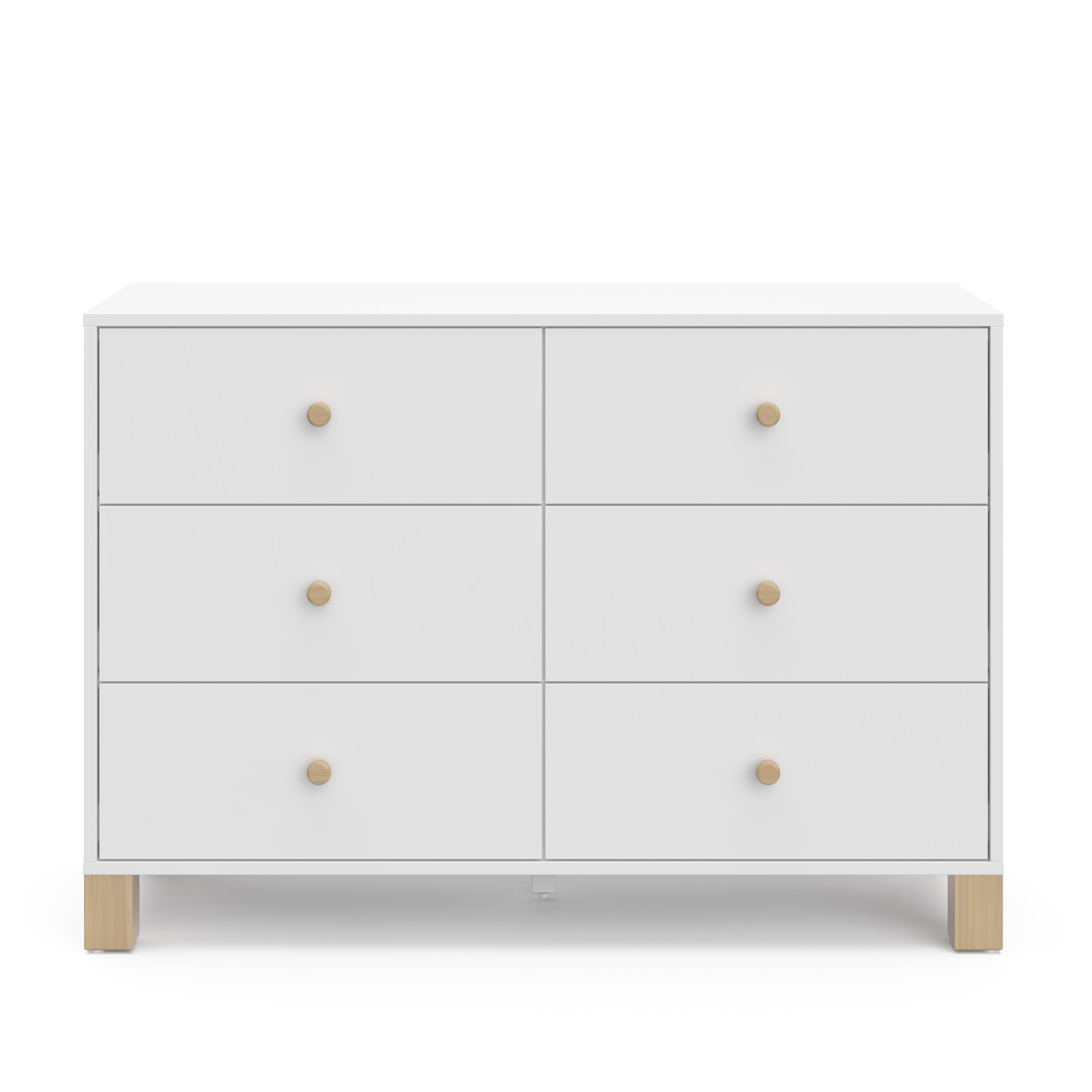 Front view of white dresser with driftwood knobs and base