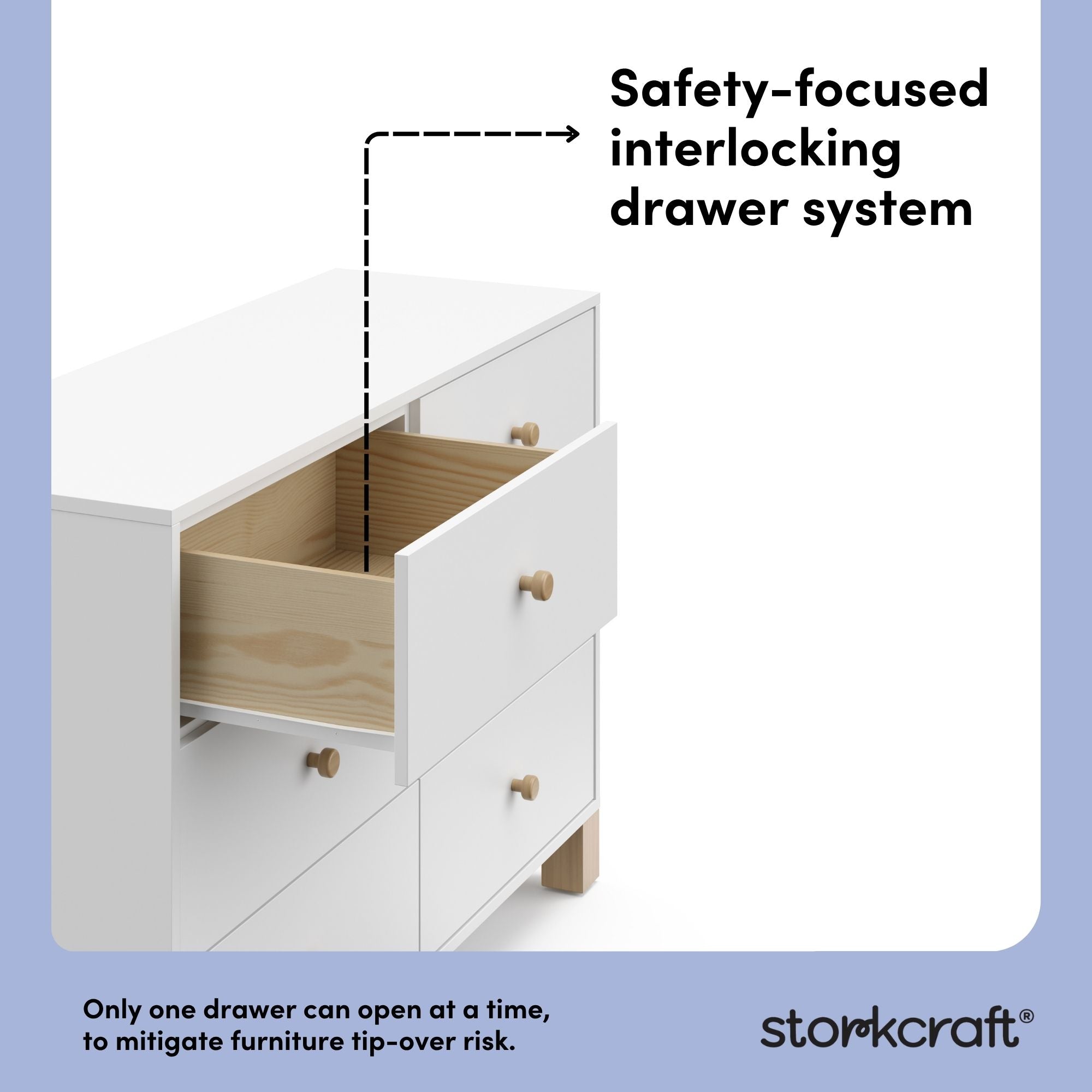 California white with driftwood 6 drawer dresser interlocking drawers callout
