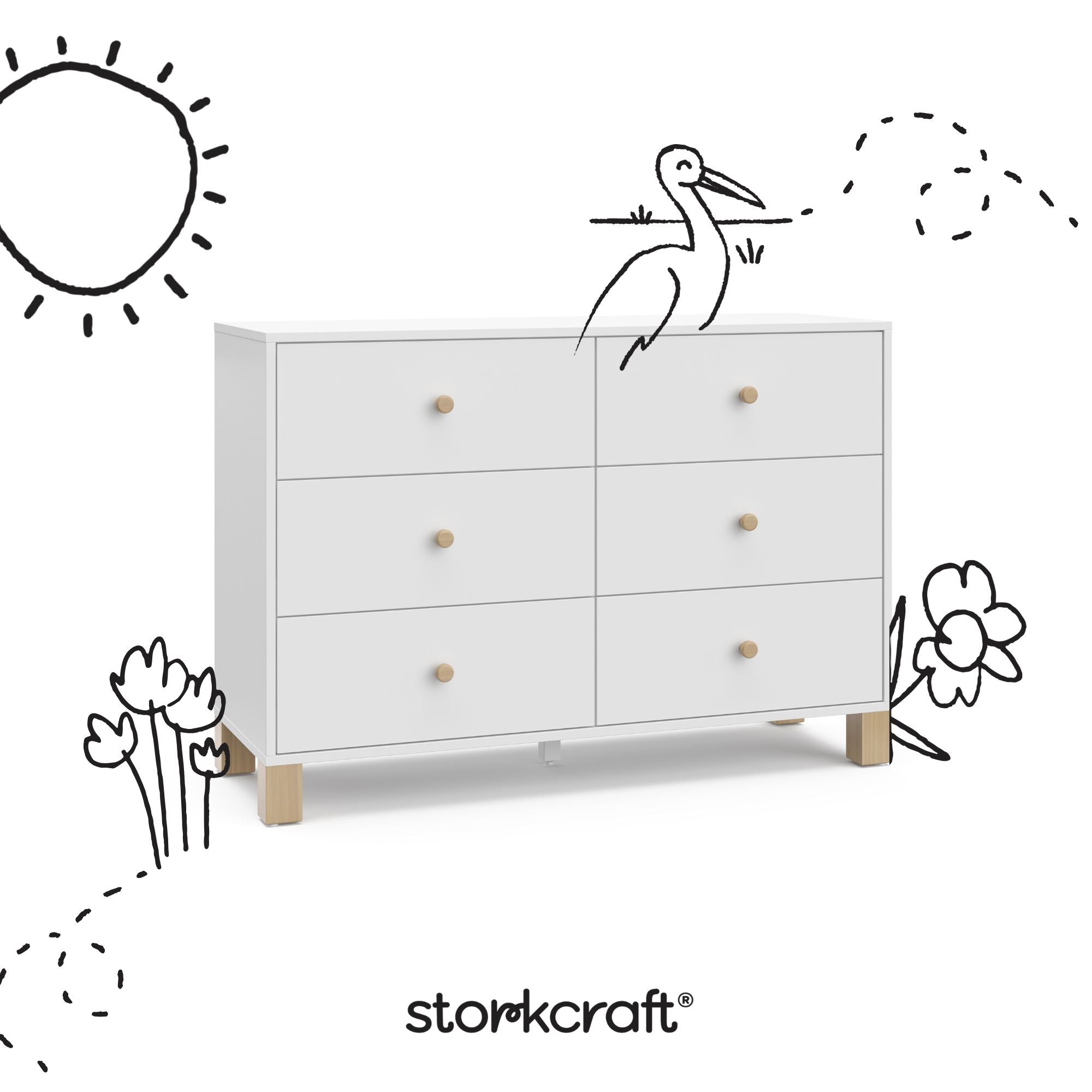 California white with driftwood 6 drawer dresser with black doodles overlaid on image