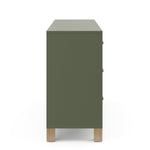 Side view of olive dresser with driftwood knobs and base