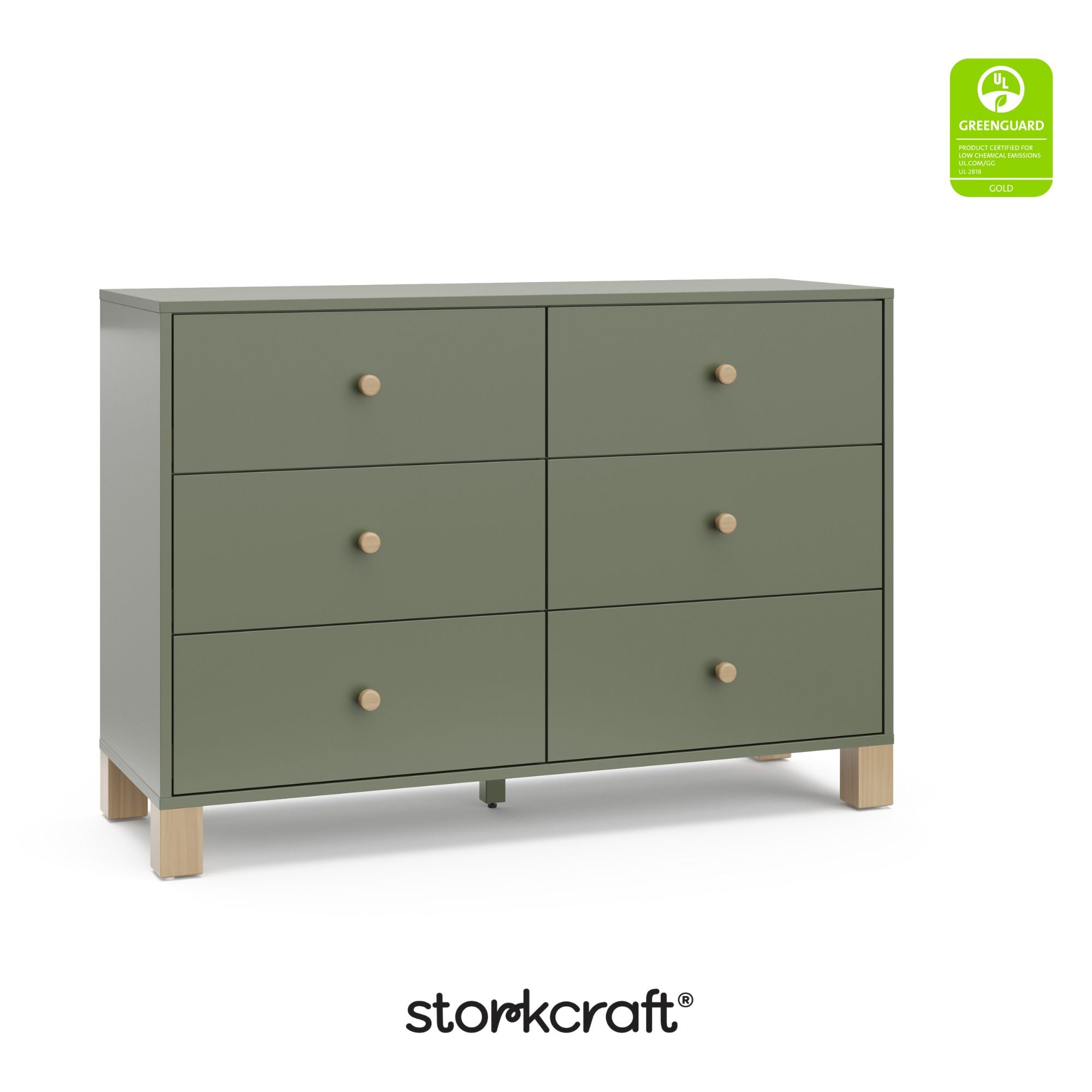 California olive with driftwood 6 drawer dresser with GGG logo on top right