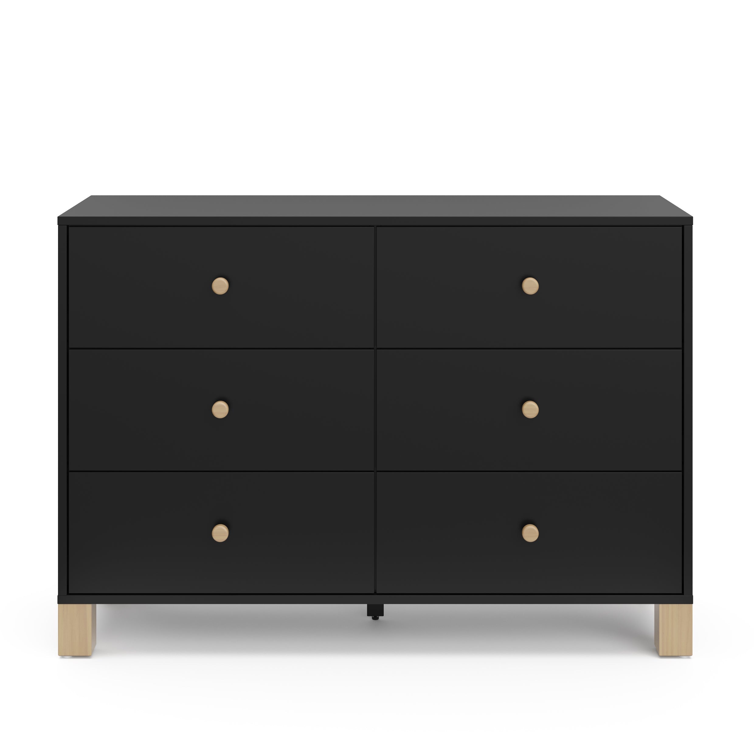 Front view of black dresser with driftwood knobs and base