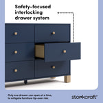 California midnight blue with driftwood 6 drawer dresser interlocking drawers callout
