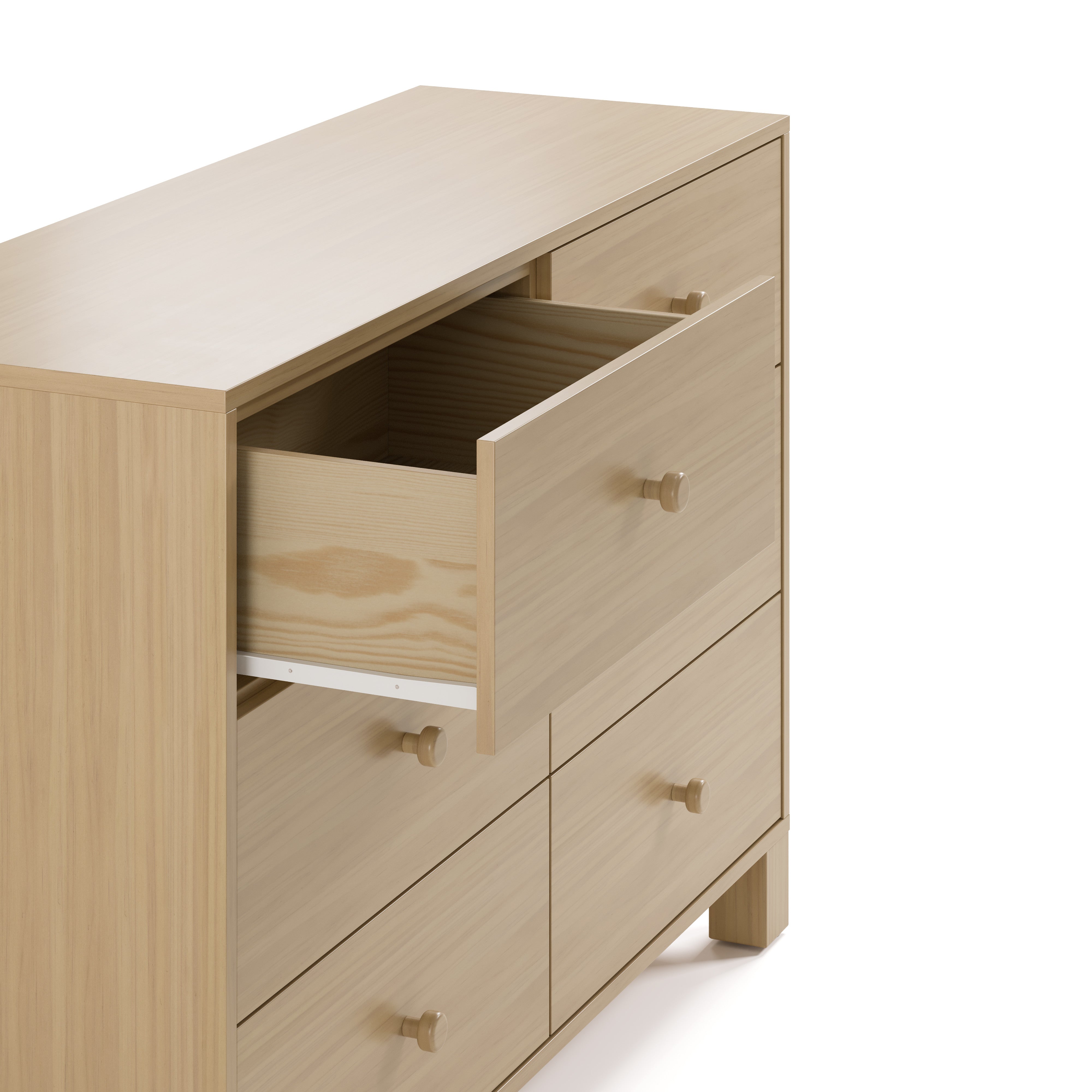 California driftwood 6 drawer dresser angled side view with top left drawer open