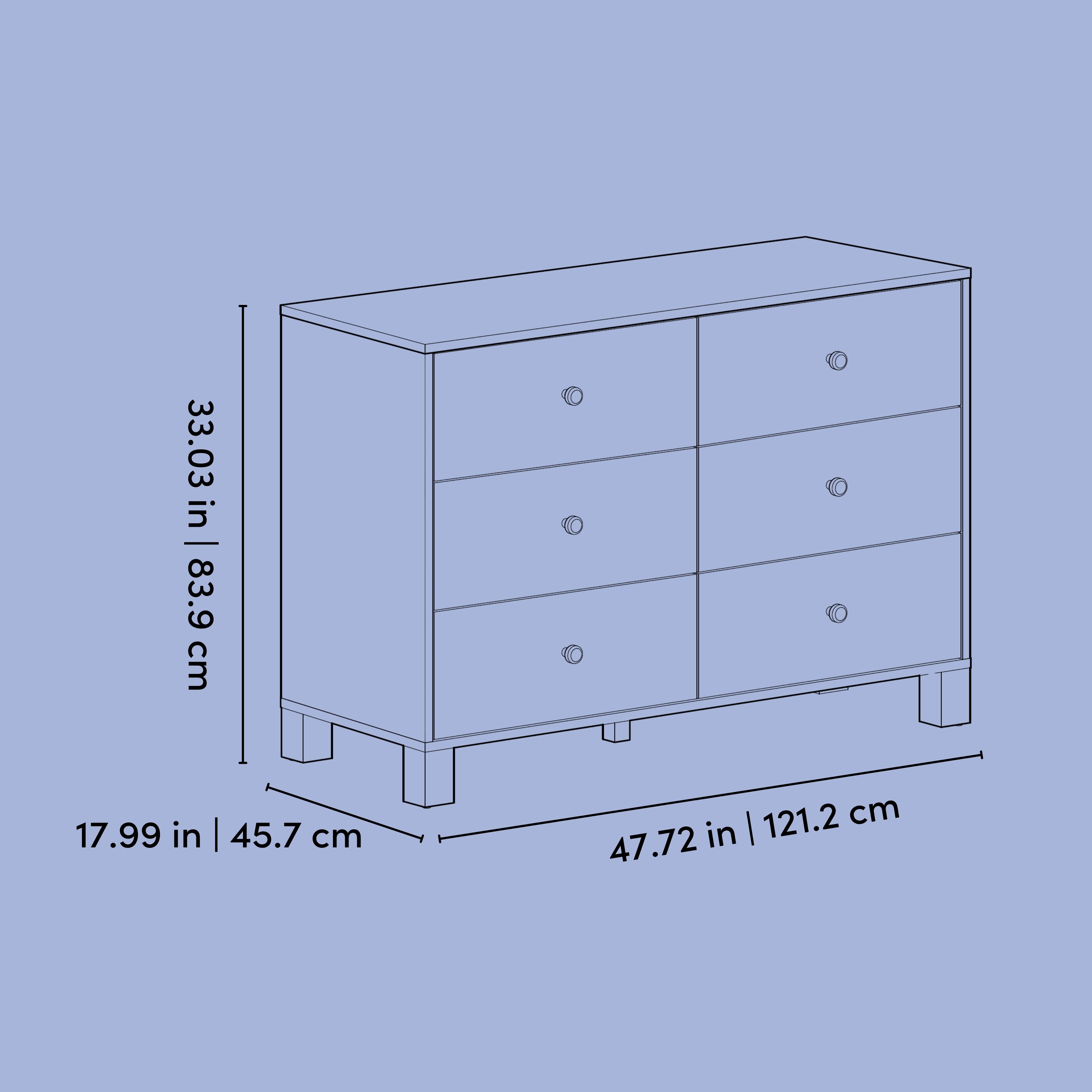 California 6 drawer dresser line drawing with dimensions