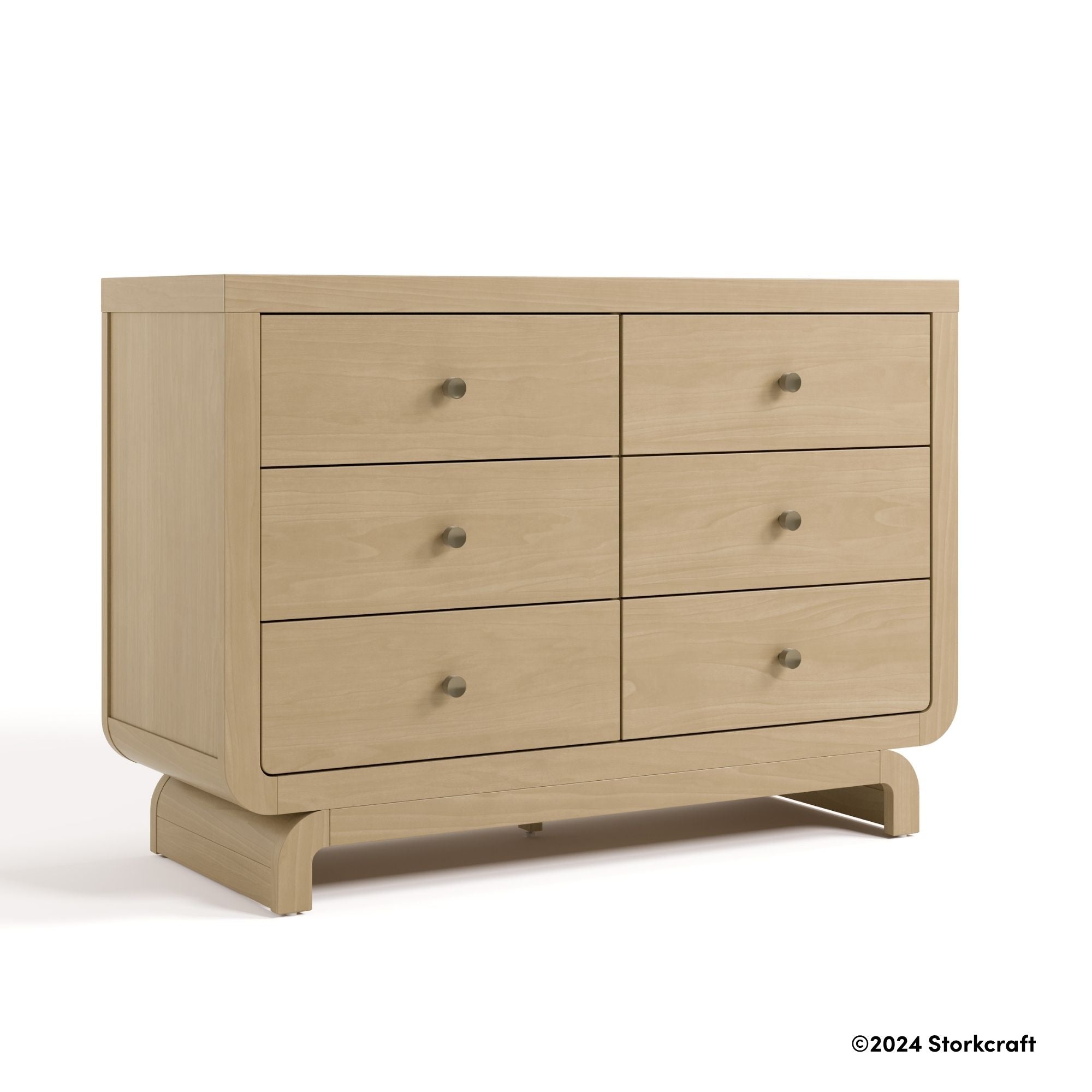 Santorini driftwood 6 drawer dresser with 2024 Storkcraft copyright on bottom right