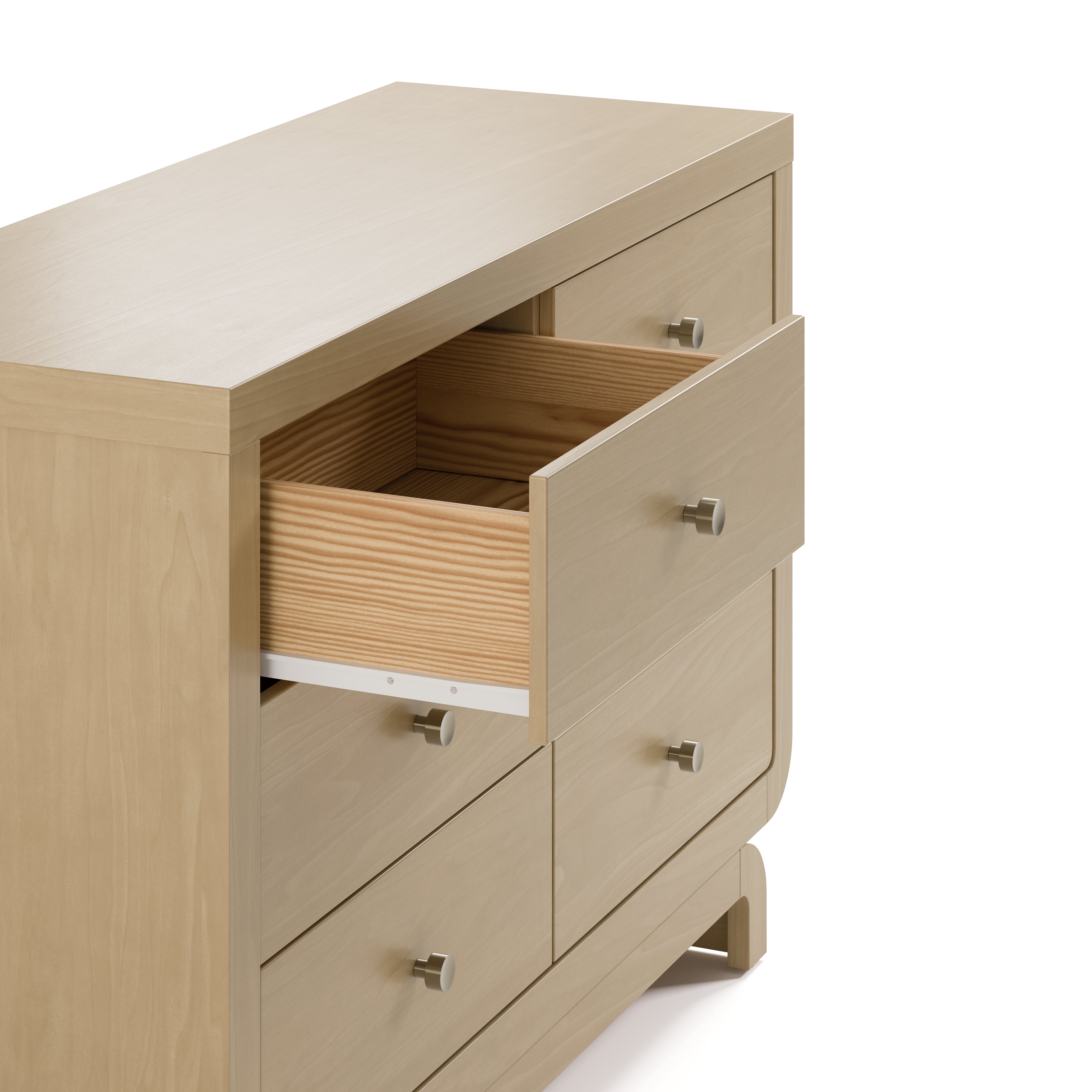 Santorini driftwood 6 drawer dresser with top left drawer open side view