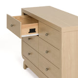 Santorini driftwood 6 drawer dresser with top left drawer open side view showing interlocking drawer mechanism