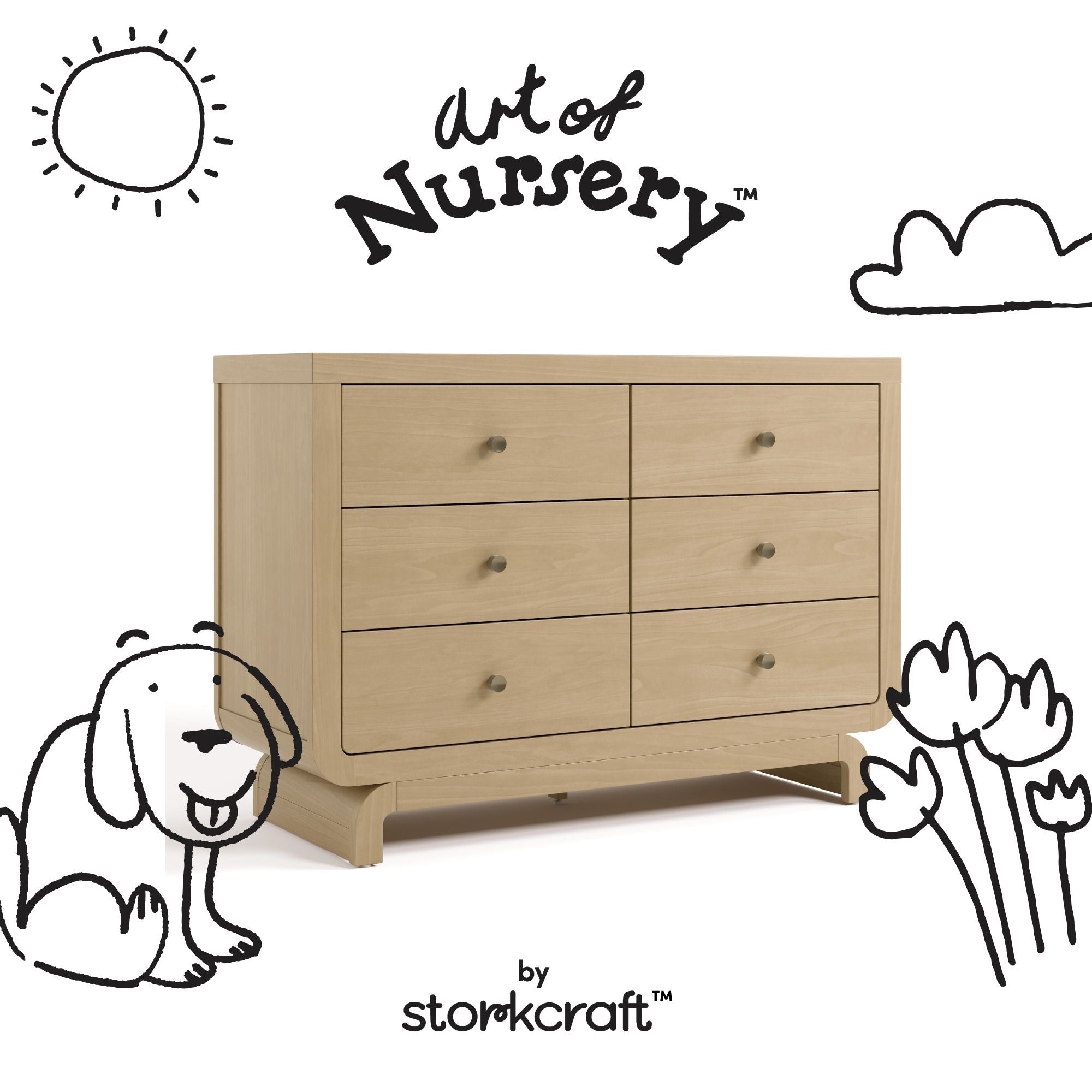 Santorini driftwood 6 drawer dresser with black doodles overlaid on image