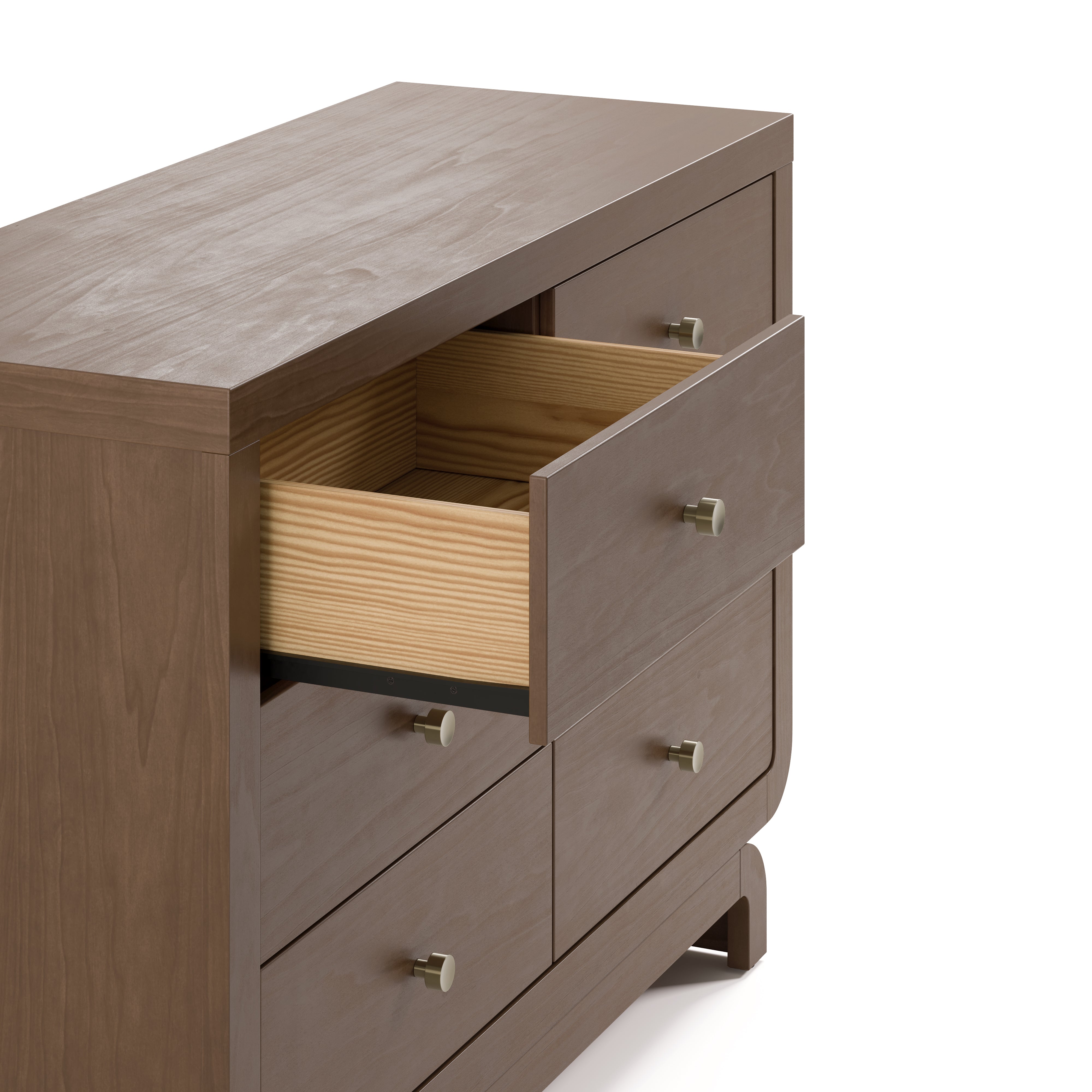 Santorini hazelnut 6 drawer dresser with top left drawer open side view