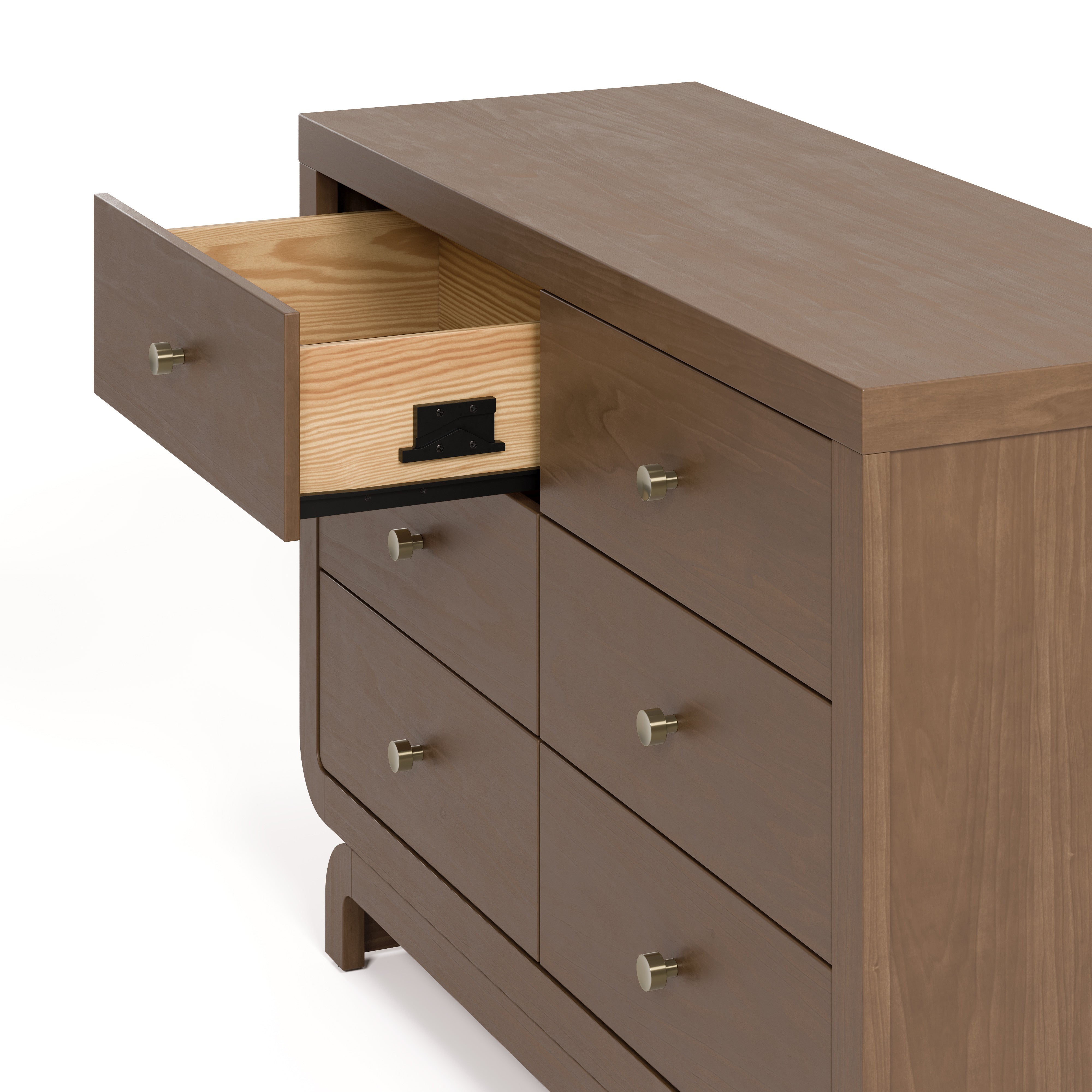 Santorini hazelnut 6 drawer dresser with top left drawer open side view showing interlocking drawer mechanism