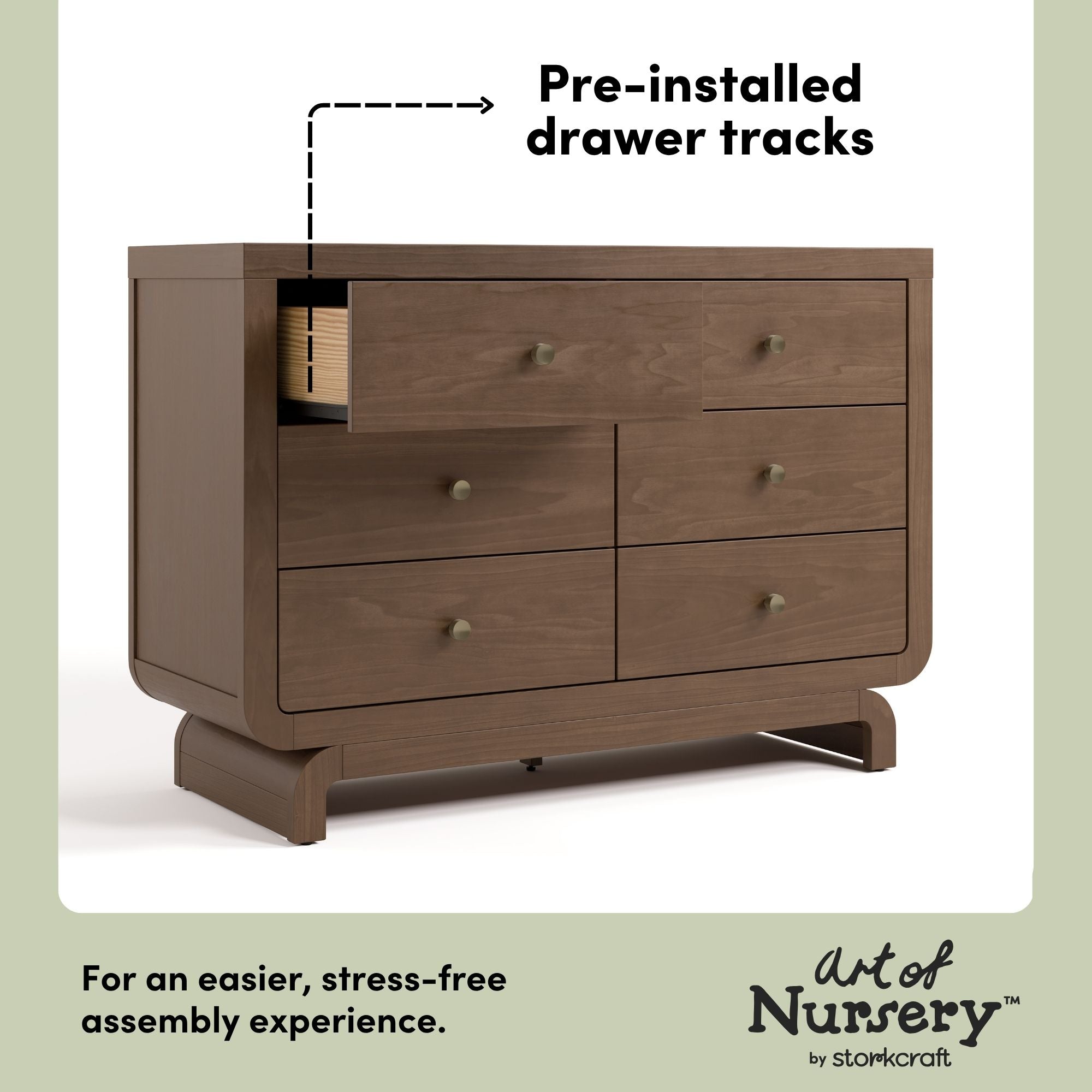 Santorini hazelnut 6 drawer dresser pre-installed drawer tracks callout