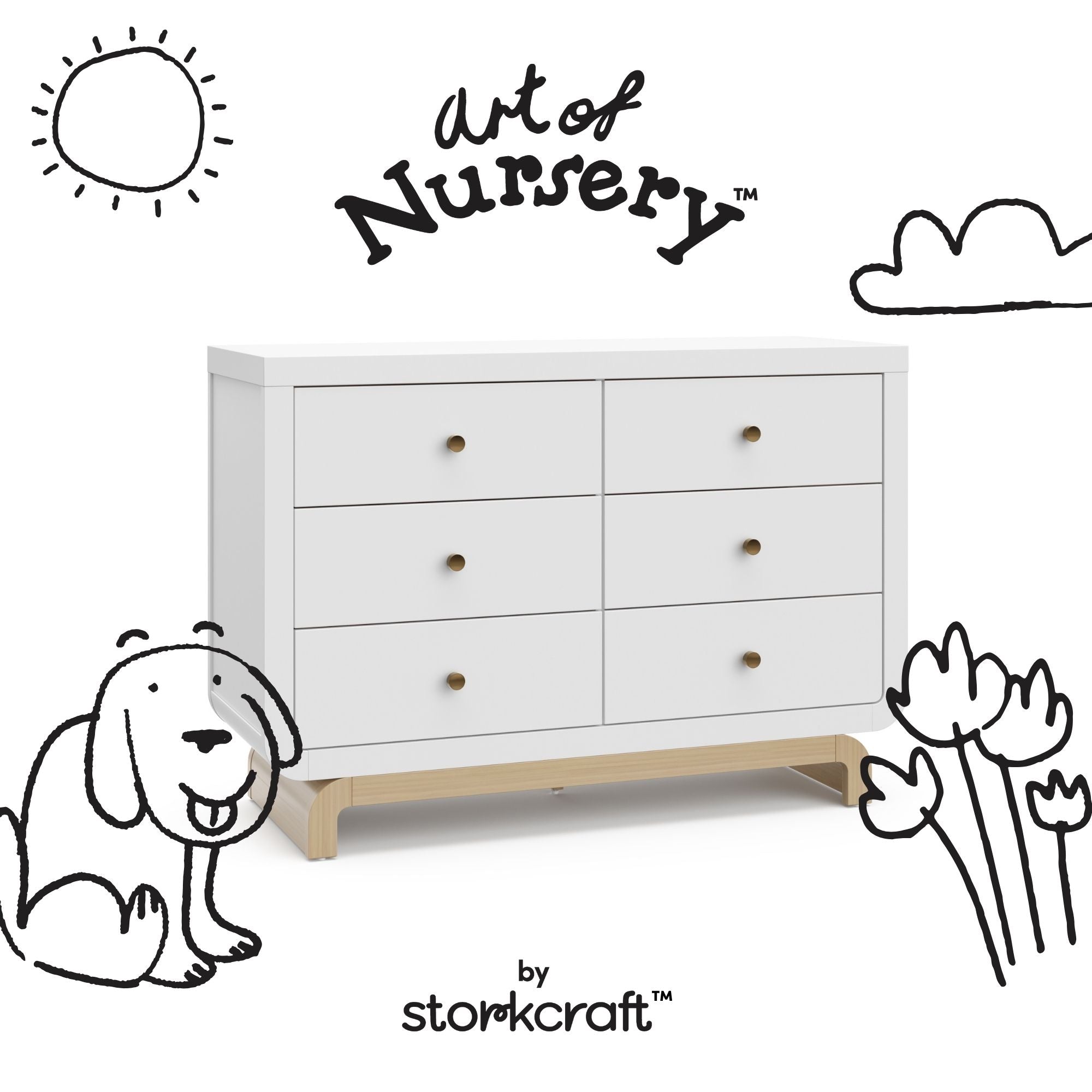 Santorini white with driftwood 6 drawer dresser with black doodles overlaid on image