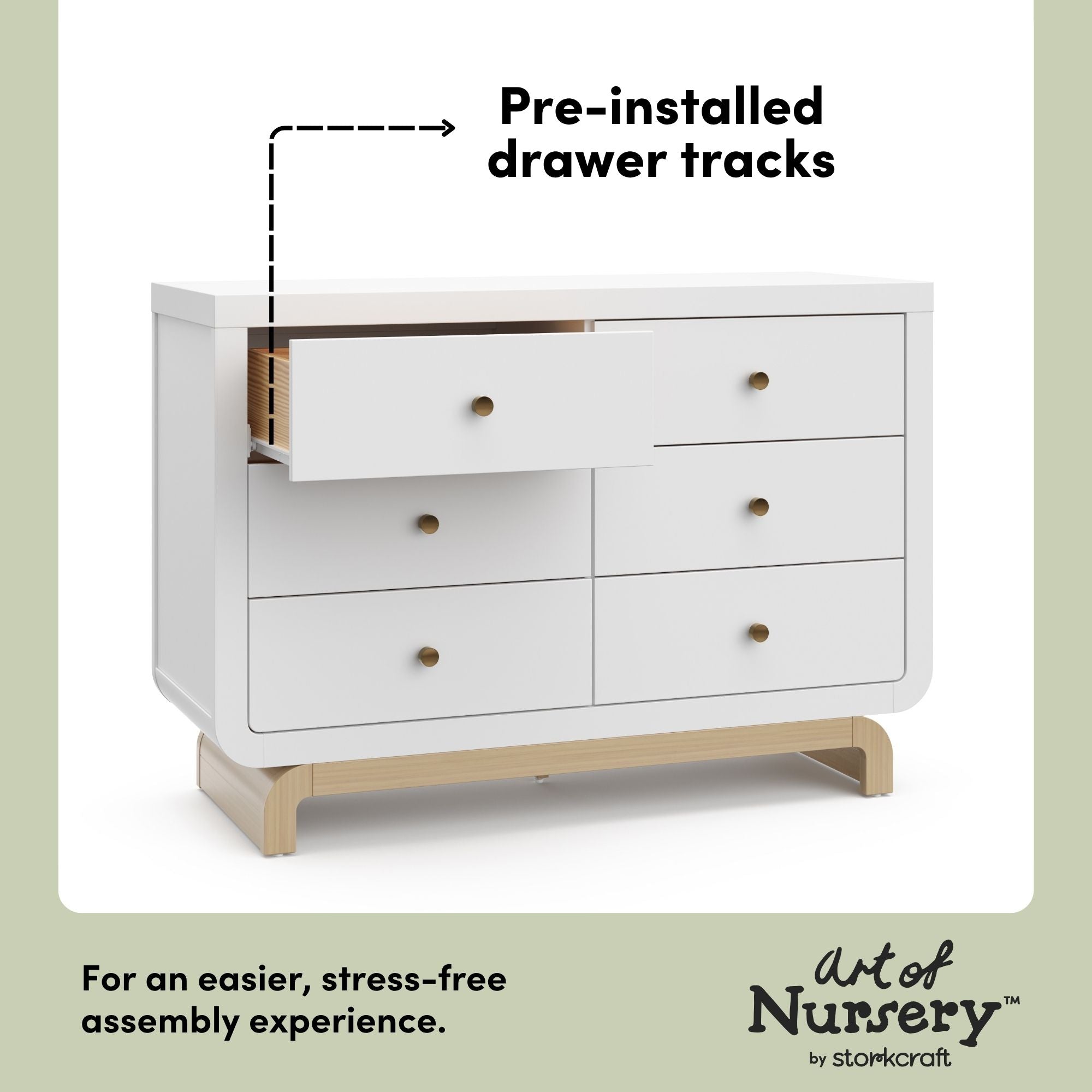 Santorini white with driftwood 6 drawer dresser pre-installed drawer tracks callout