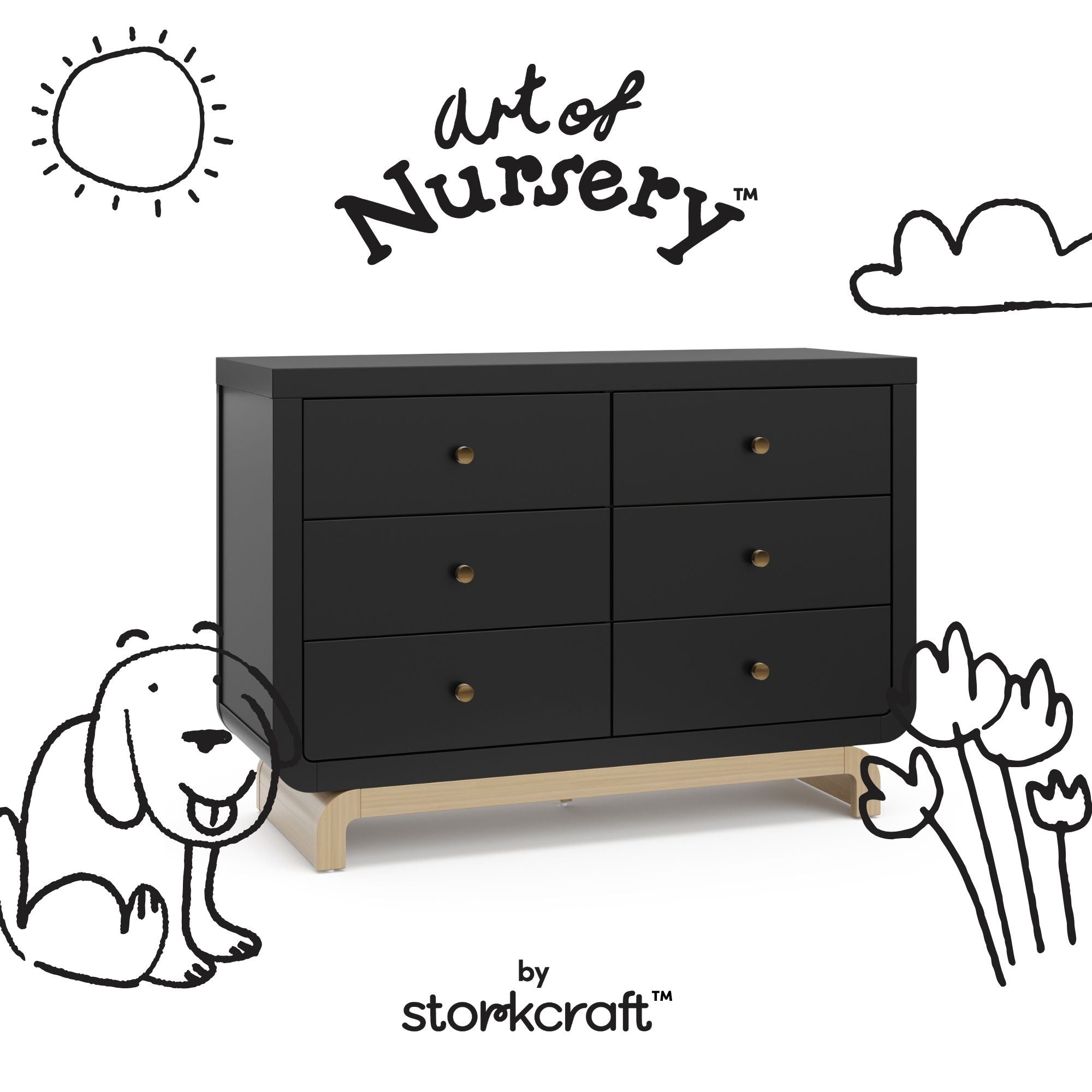 Santorini black with driftwood 6 drawer dresser with black doodles overlaid on image