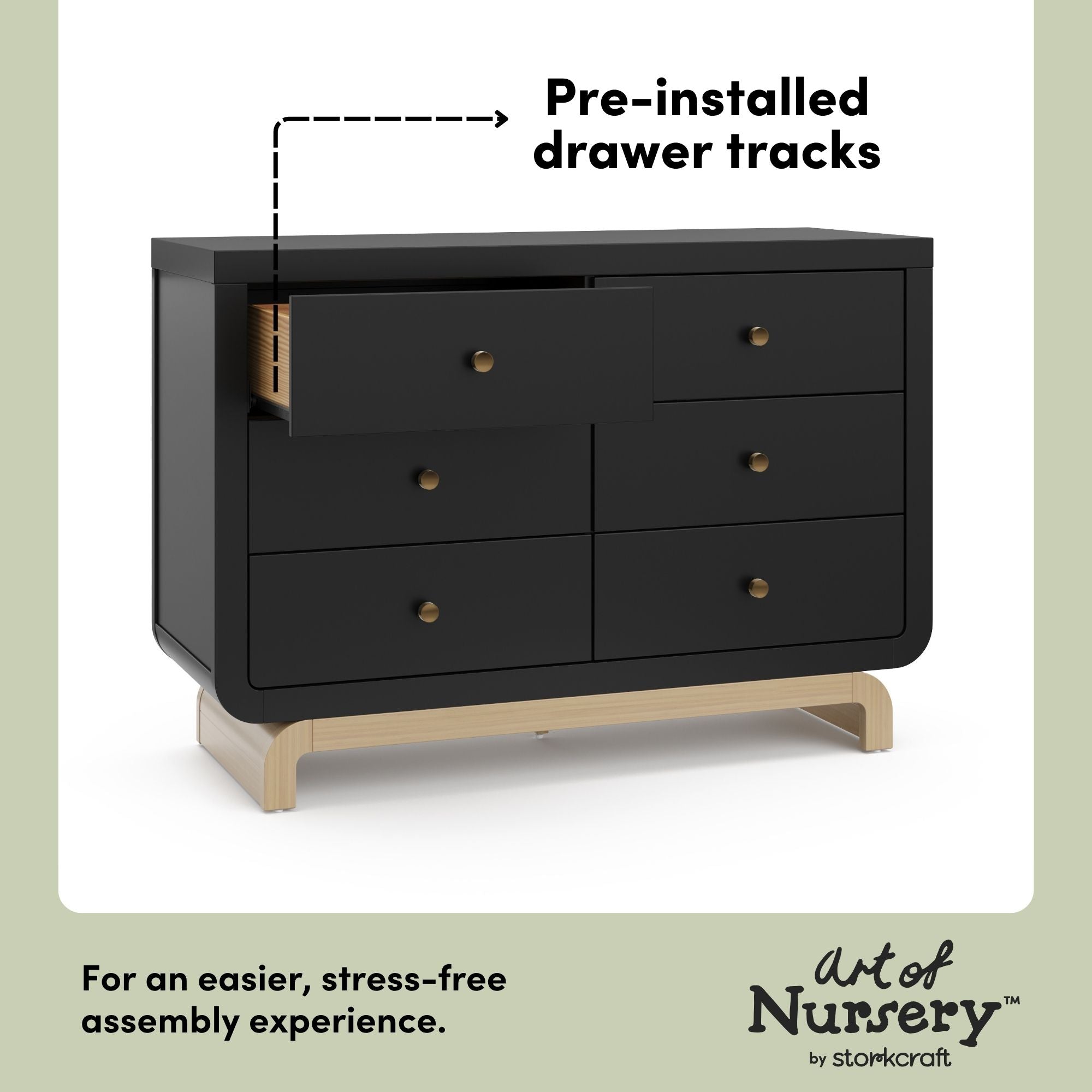 Santorini black with driftwood 6 drawer dresser pre-installed drawer tracks callout