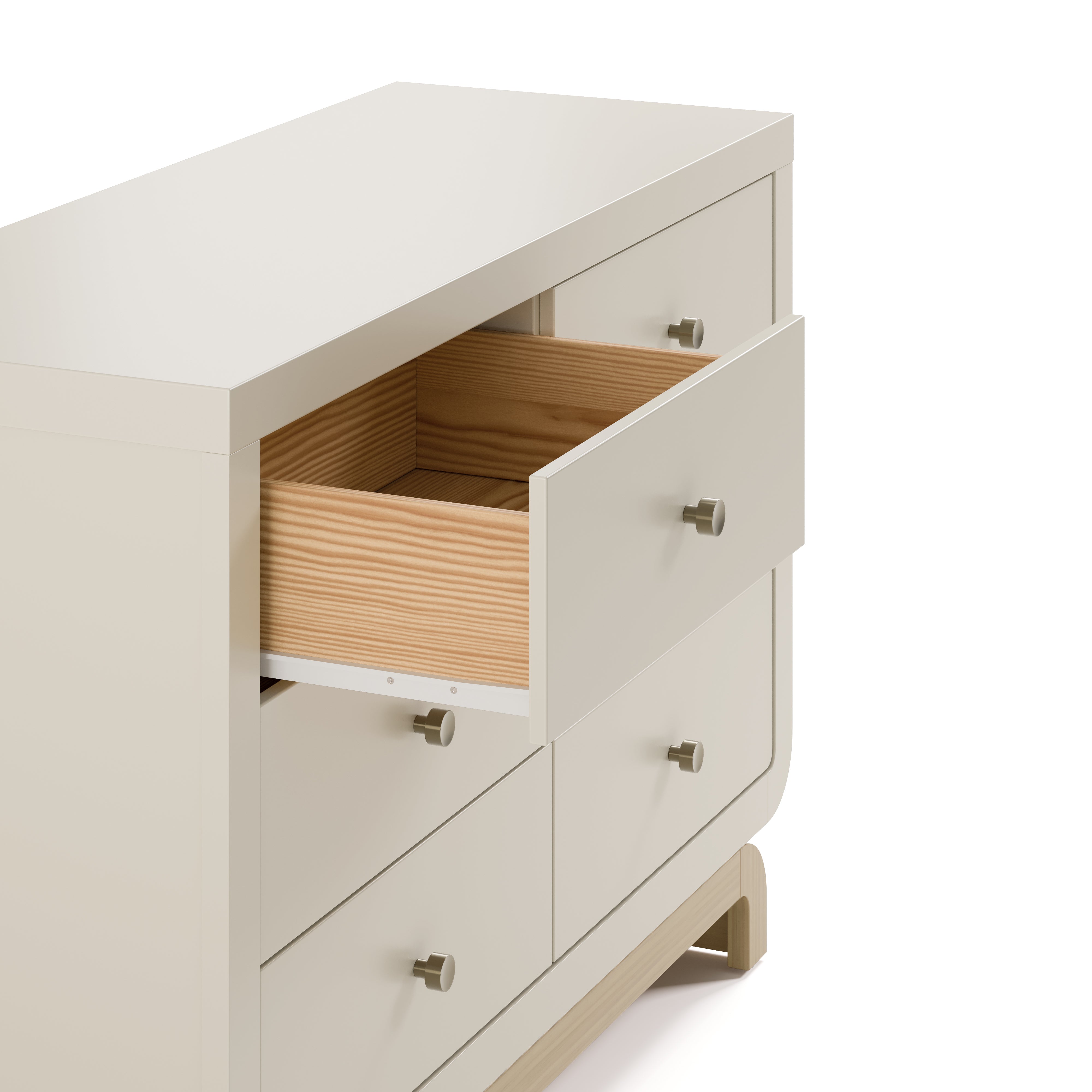 Santorini frosted oat with driftwood 6 drawer dresser with top left drawer open side view