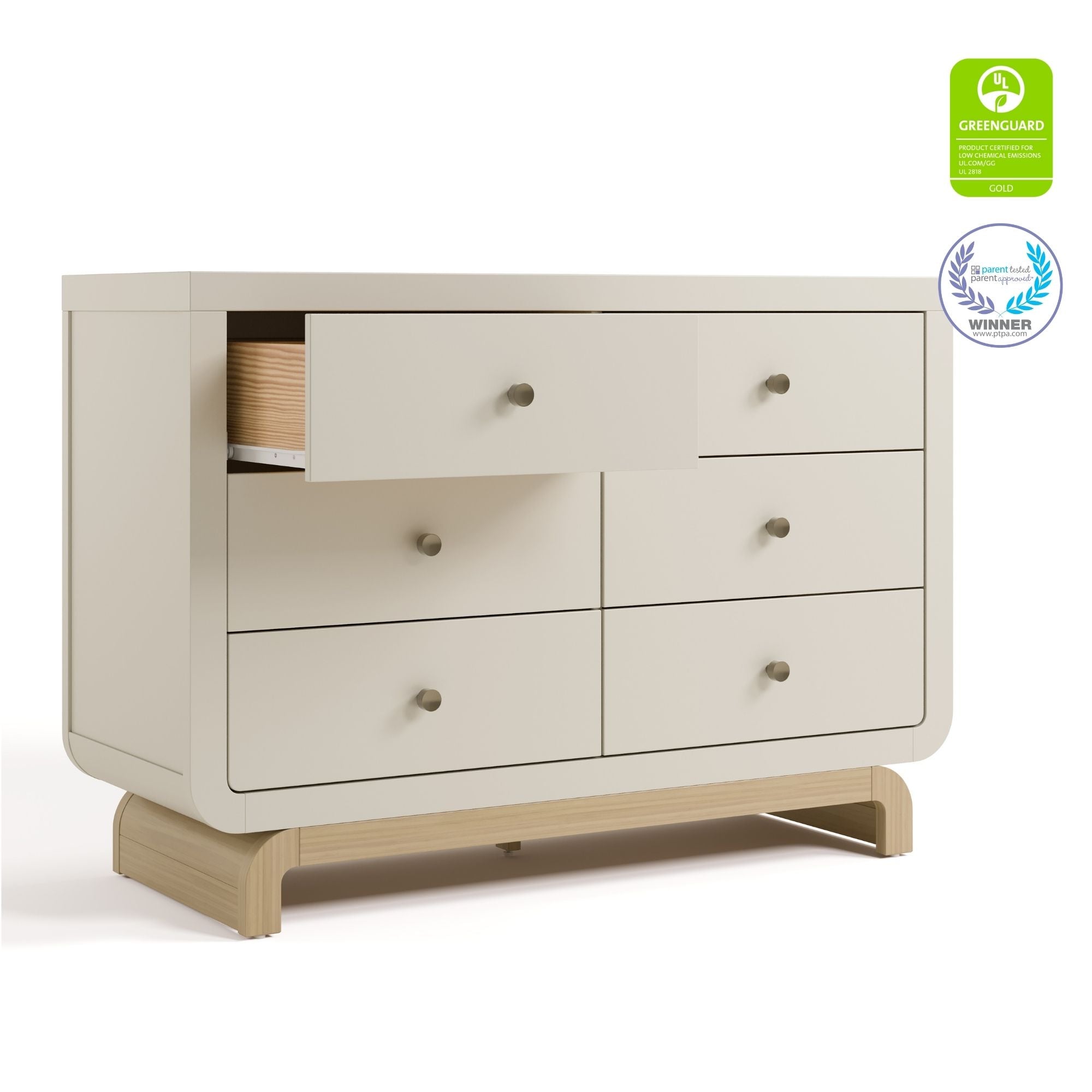 Santorini frosted oat with driftwood 6 drawer dresser with GGG and PTPA logos on top right