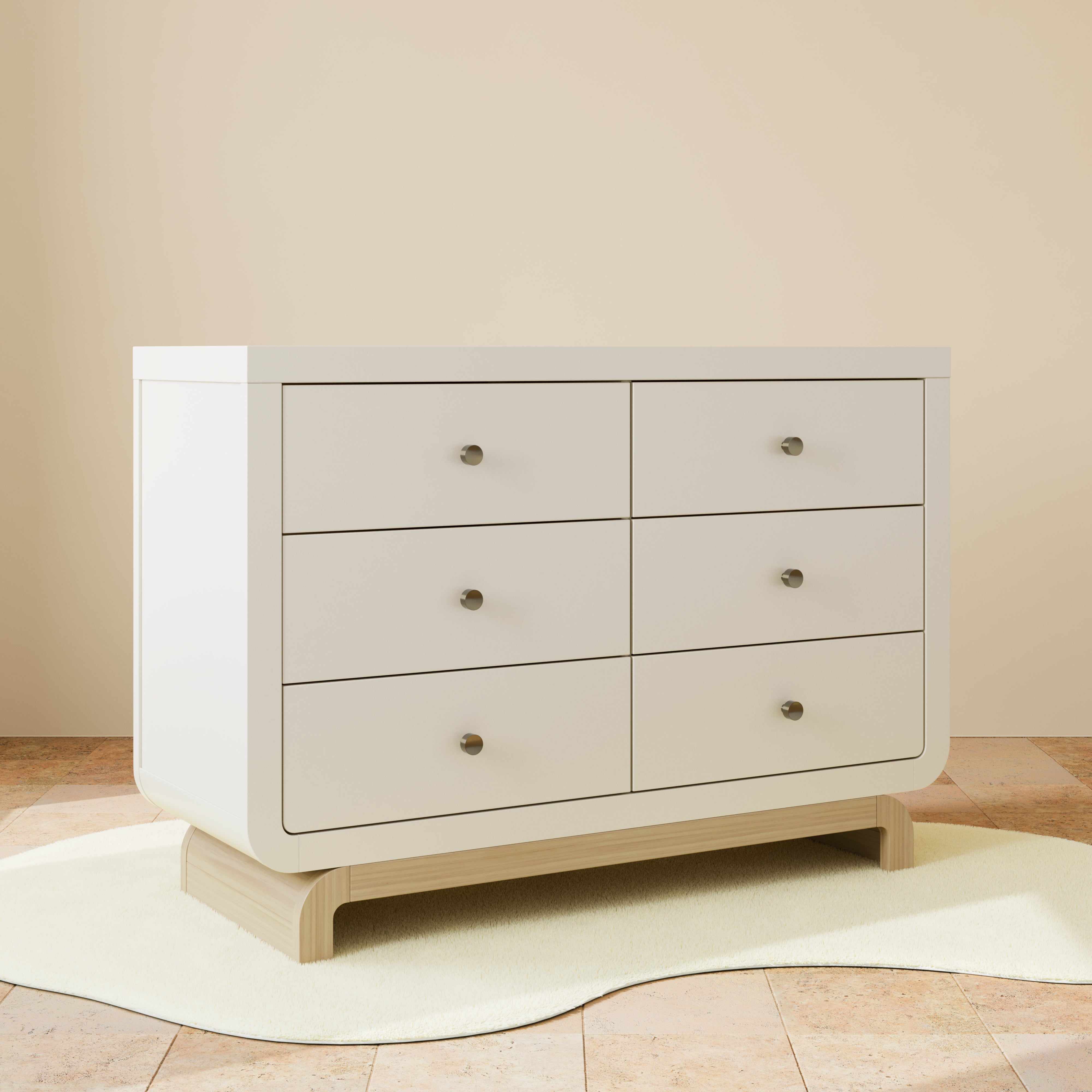 Santorini frosted oat with driftwood 6 drawer dresser in a nursery