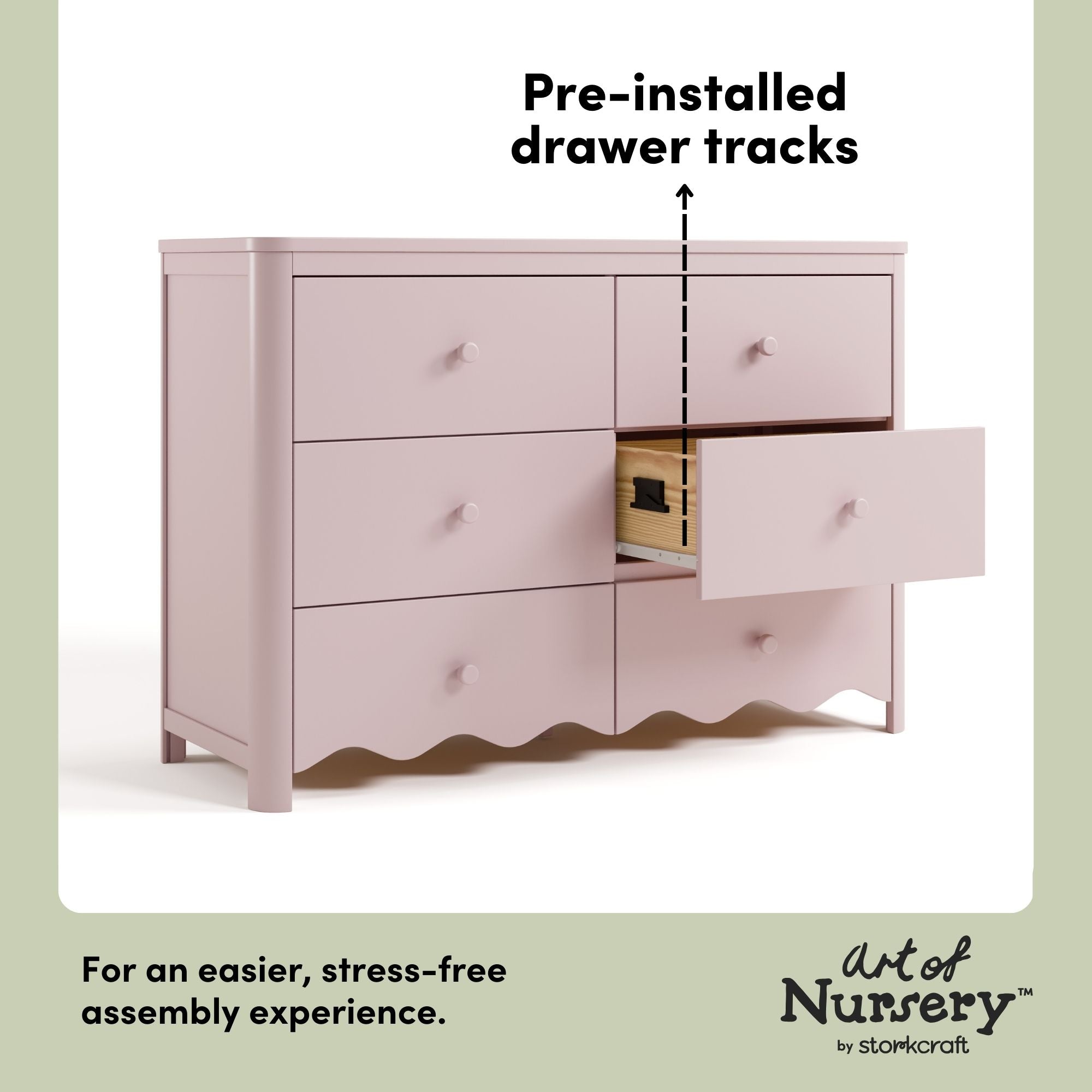 Casablanca blush 6 drawer dresser pre-installed drawer tracks callout