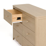 Casablanca driftwood 6 drawer dresser angle view with top left drawer open showing interlocking drawer mechanism