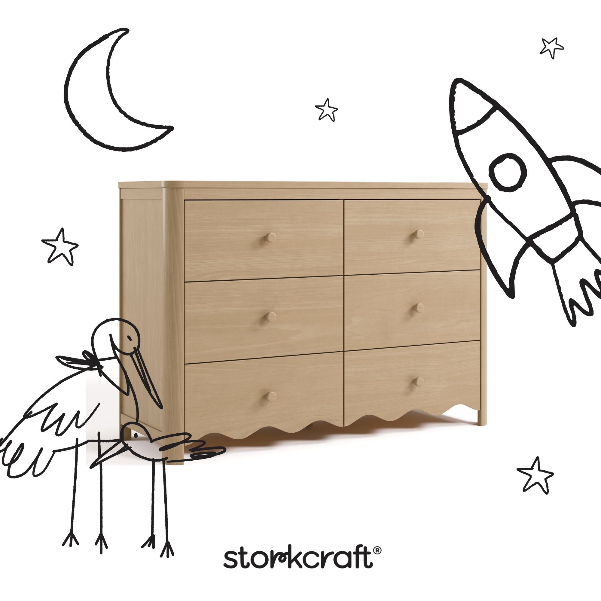 Casablanca driftwood 6 drawer dresser with black doodles overlaid on image