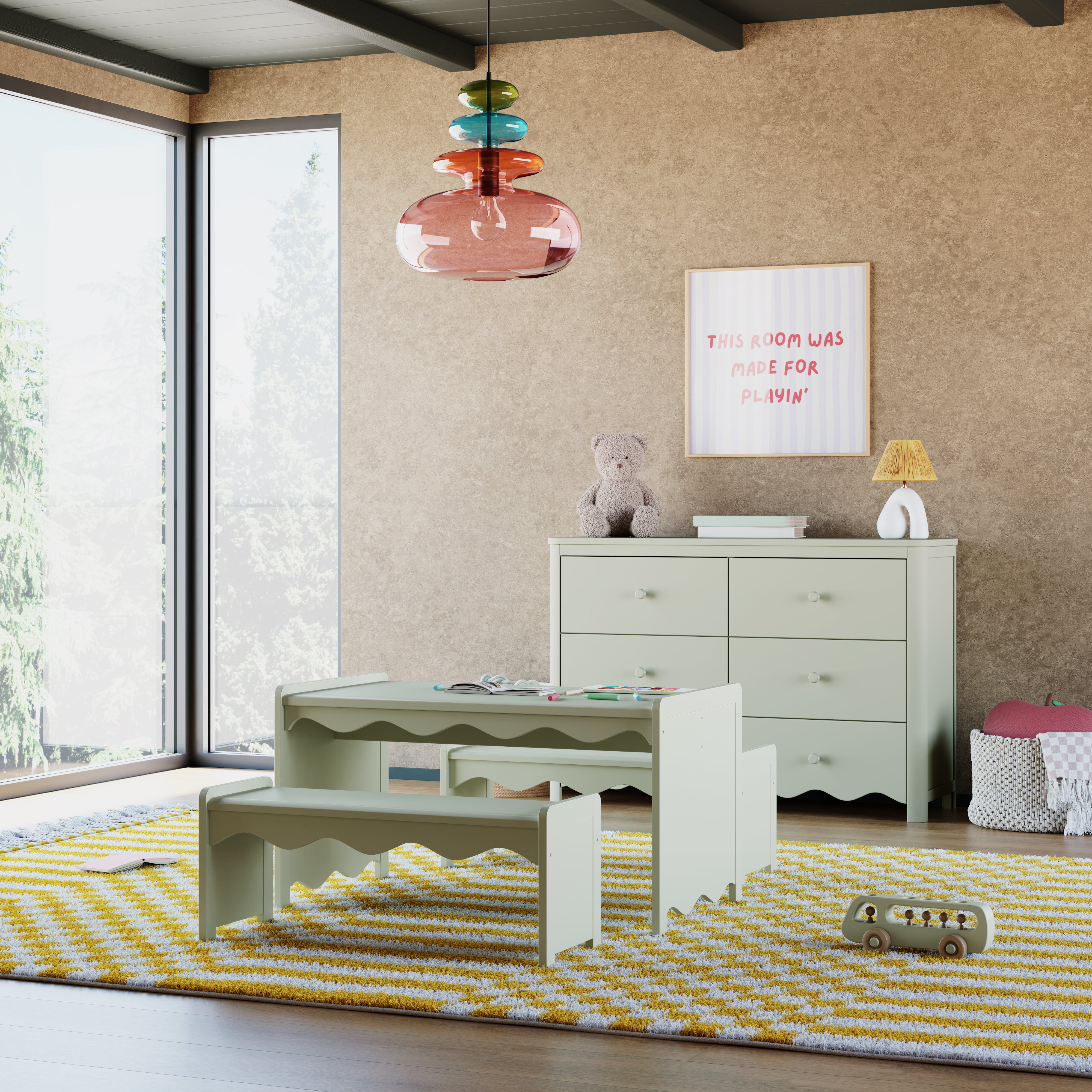 Casablanca sage table and bench set in a kids room