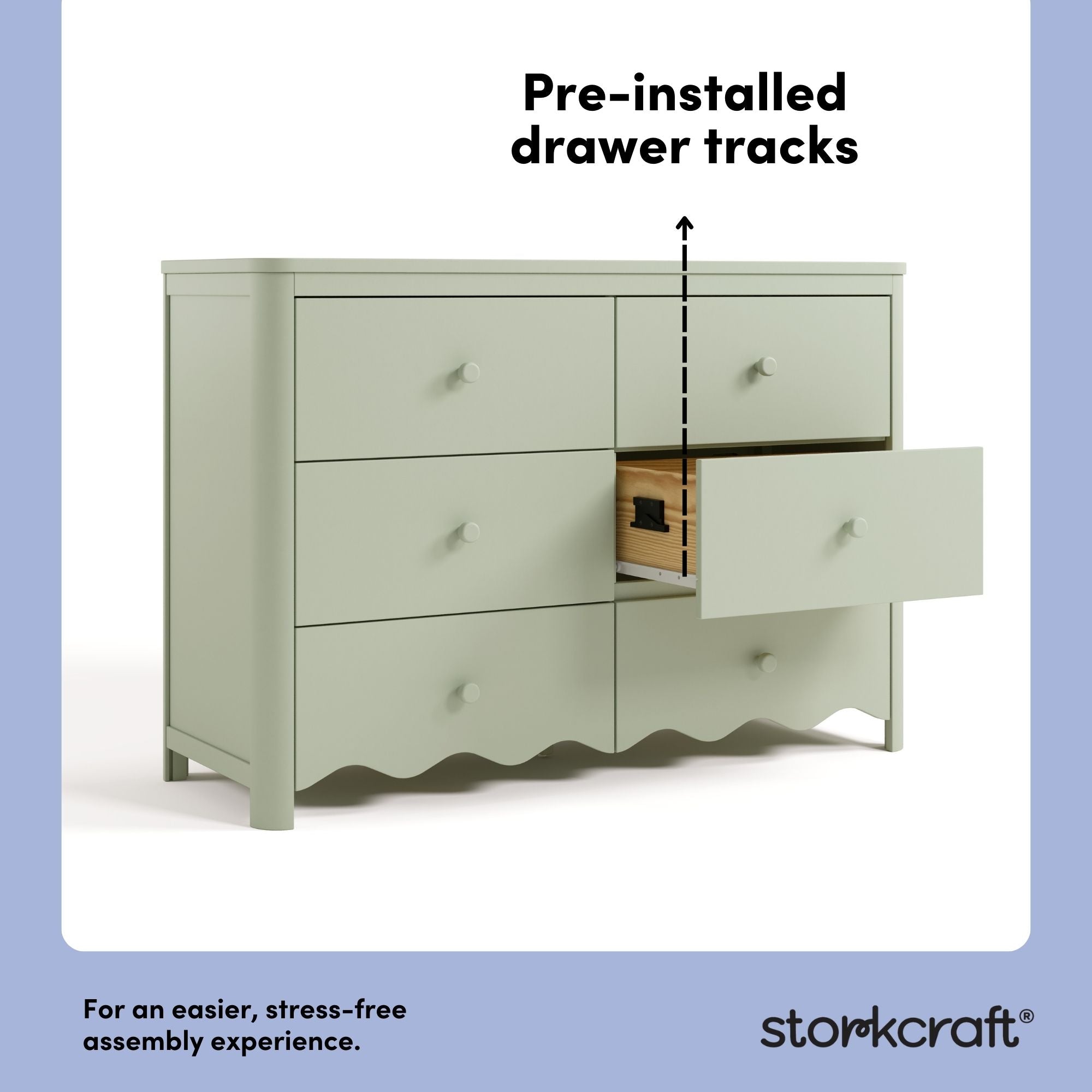 Casablanca sage 6 drawer dresser pre-installed drawer tracks callout
