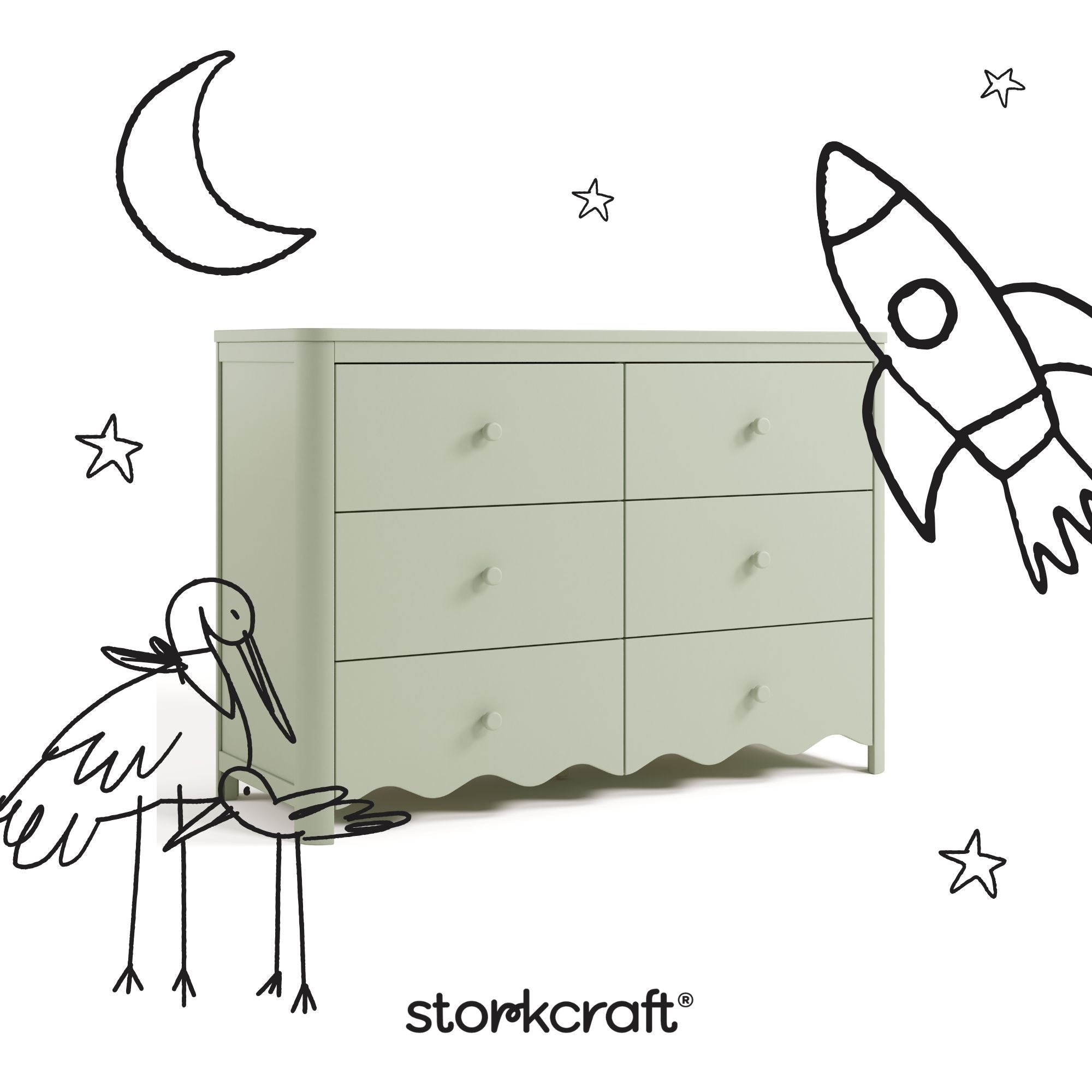 Casablanca sage 6 drawer dresser with black doodles overlaid on image