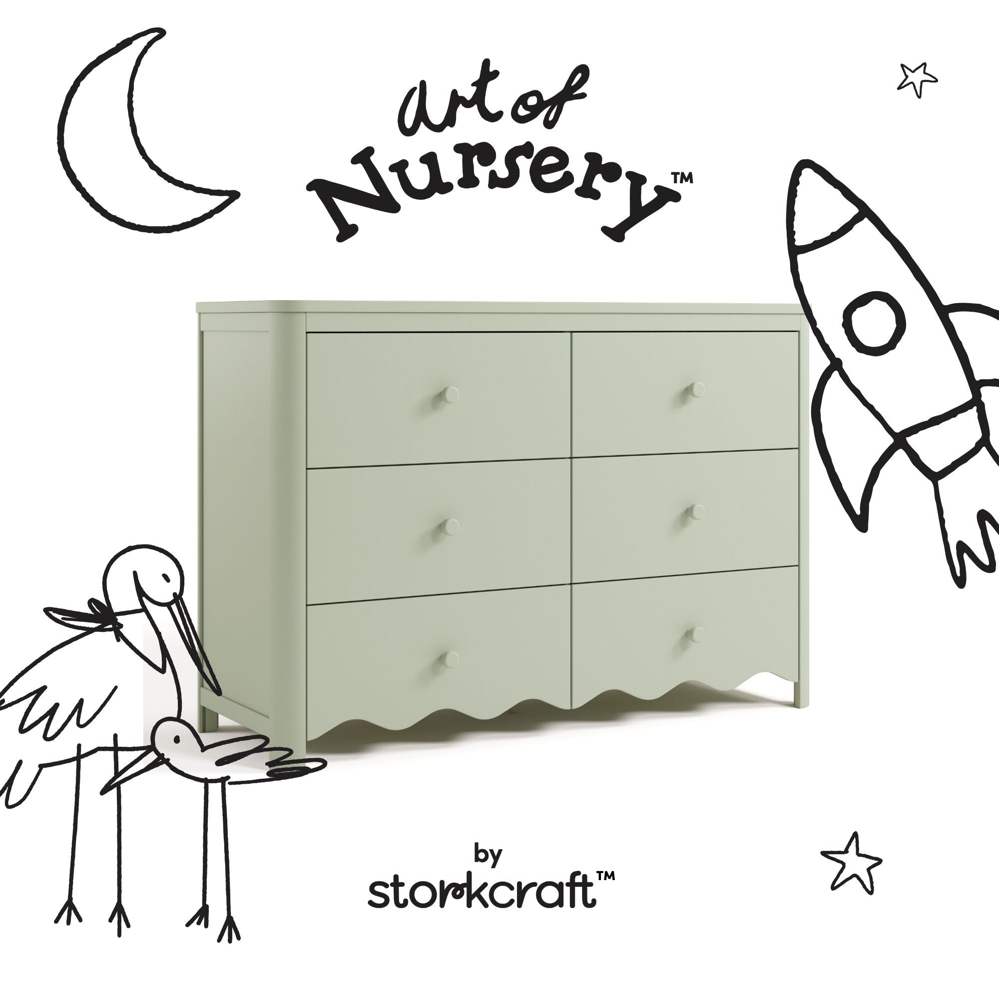 Casablanca sage 6 drawer dresser with black doodles overlaid on image