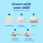 Hadley white crib with drawer showing all 5 conversions 
