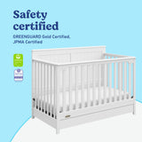 Hadley white crib with drawer with GGG and PTPA logos