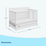 graphic of white crib with drawer dimensions