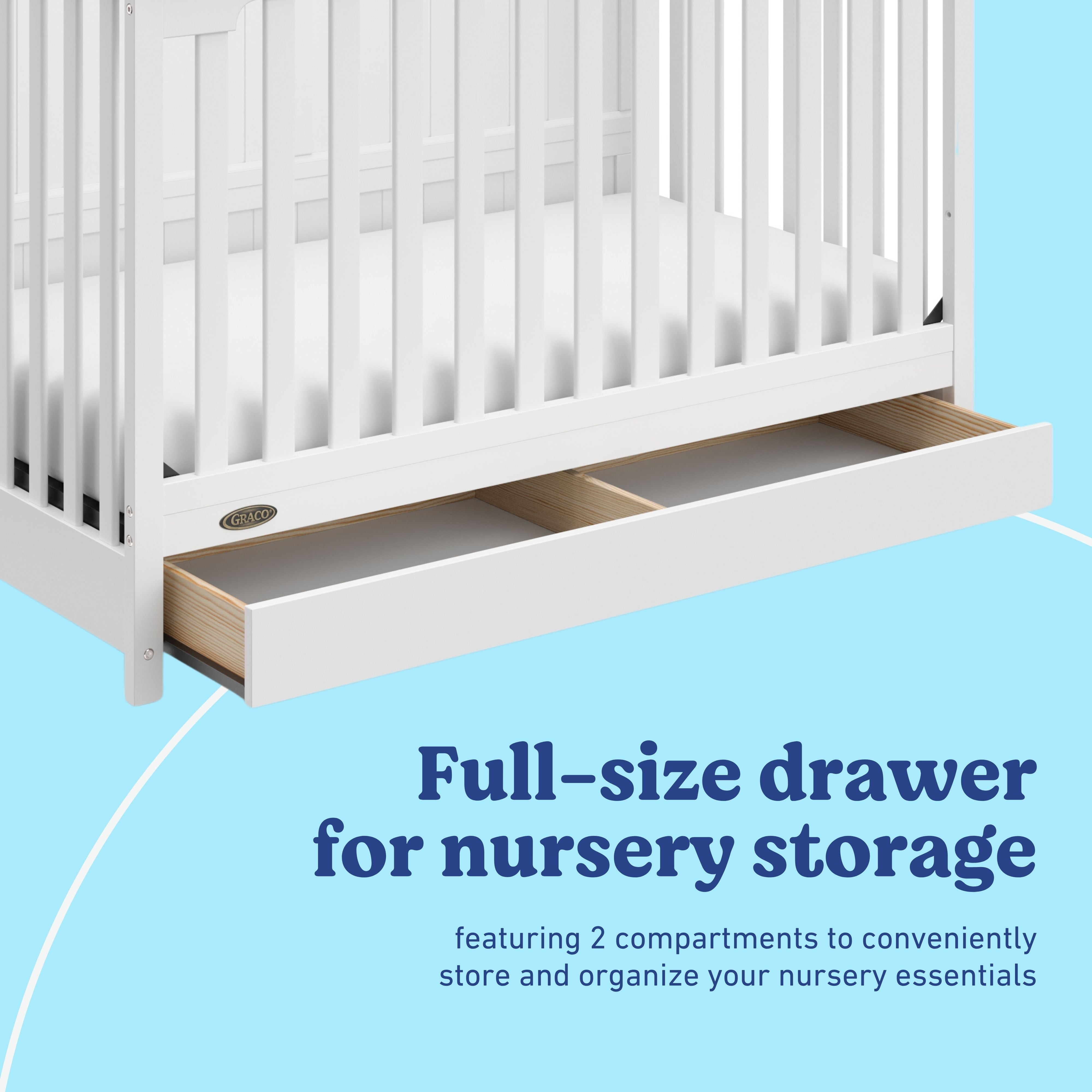 Hadley white crib with drawer storage callout